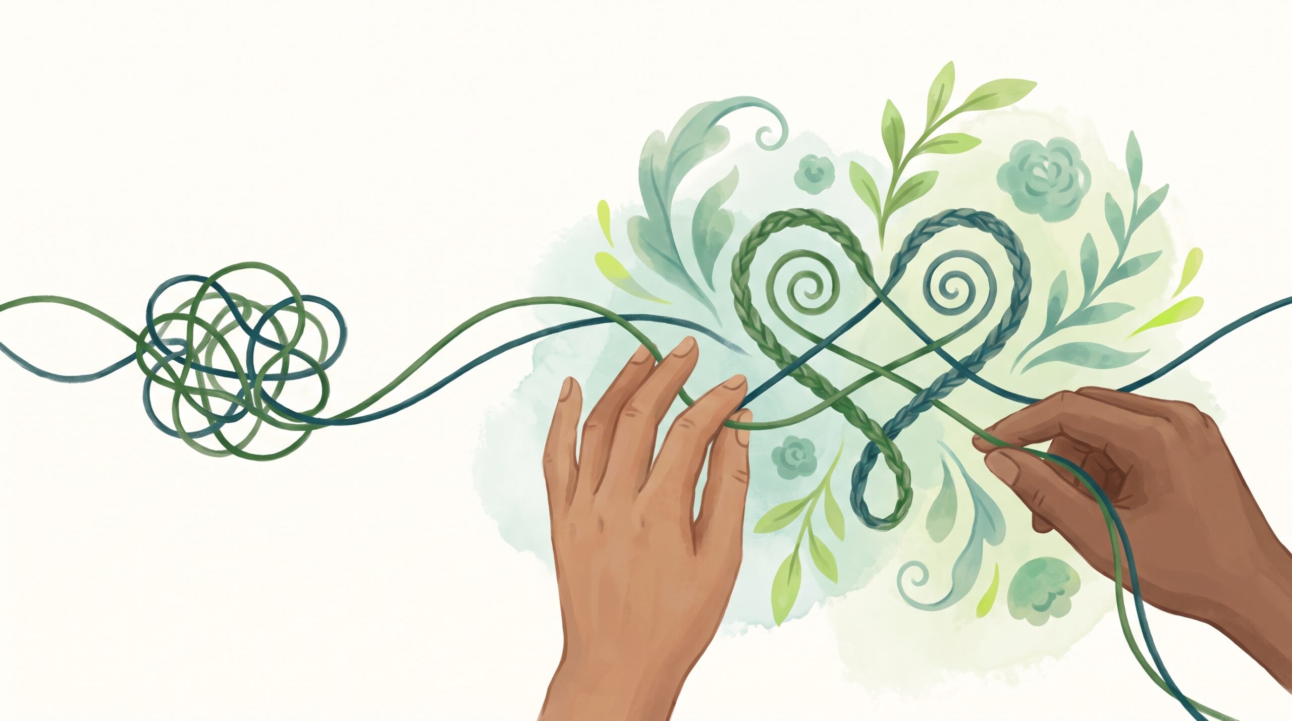 Two tangled threads gently rewoven into one pattern