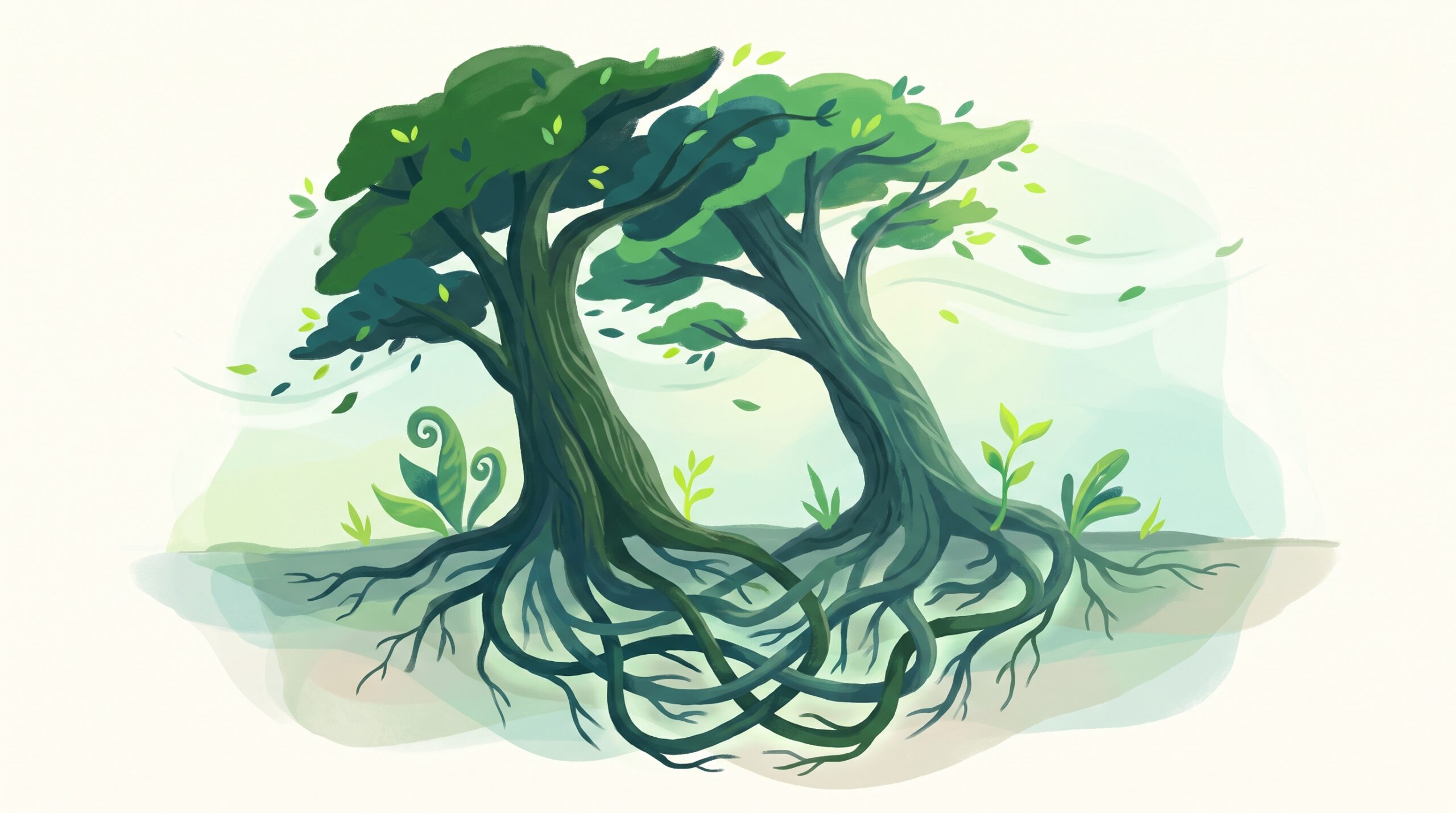 Two trees with intertwined roots weathering wind together