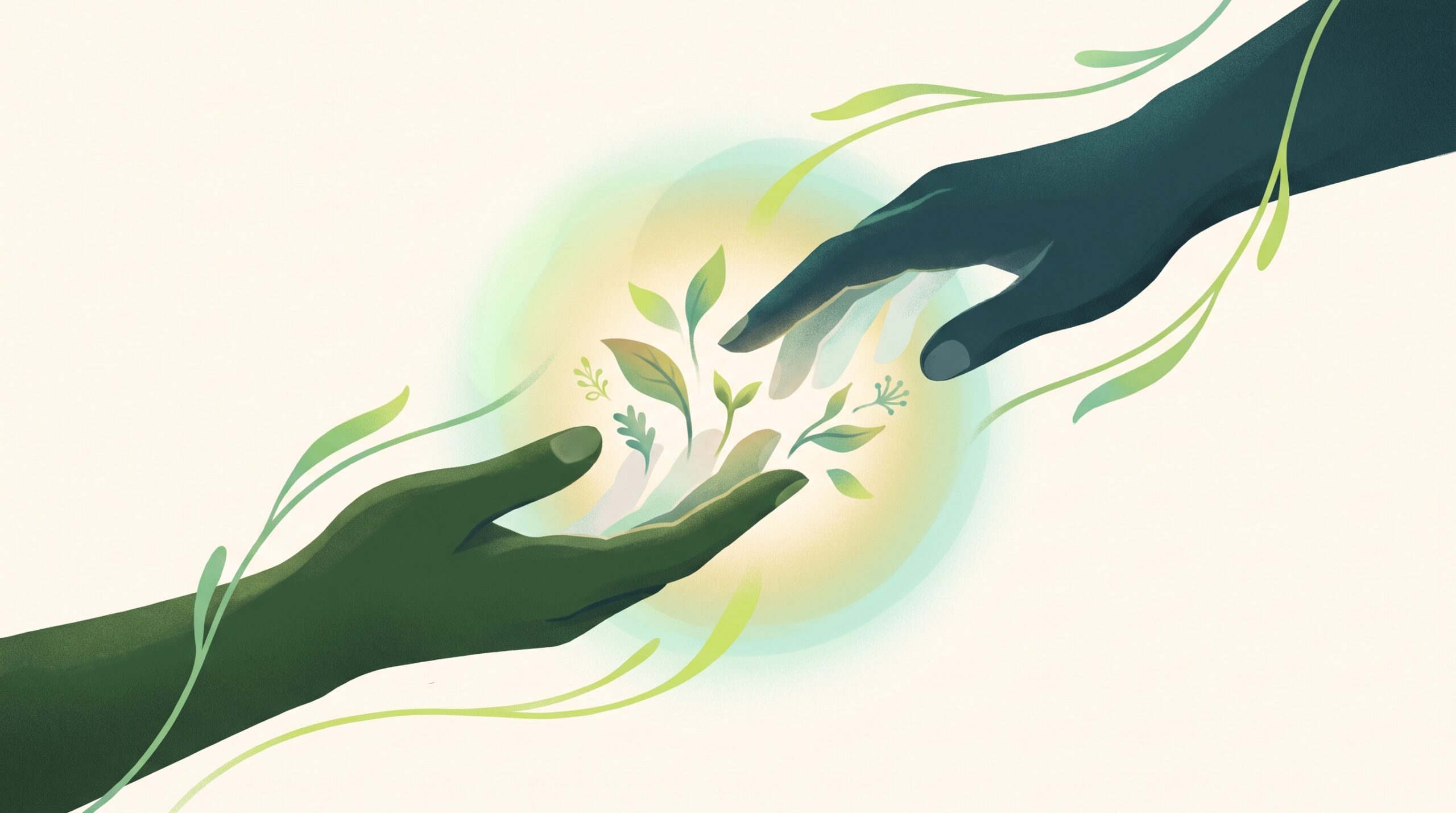 Two hands almost touching with warm light between them