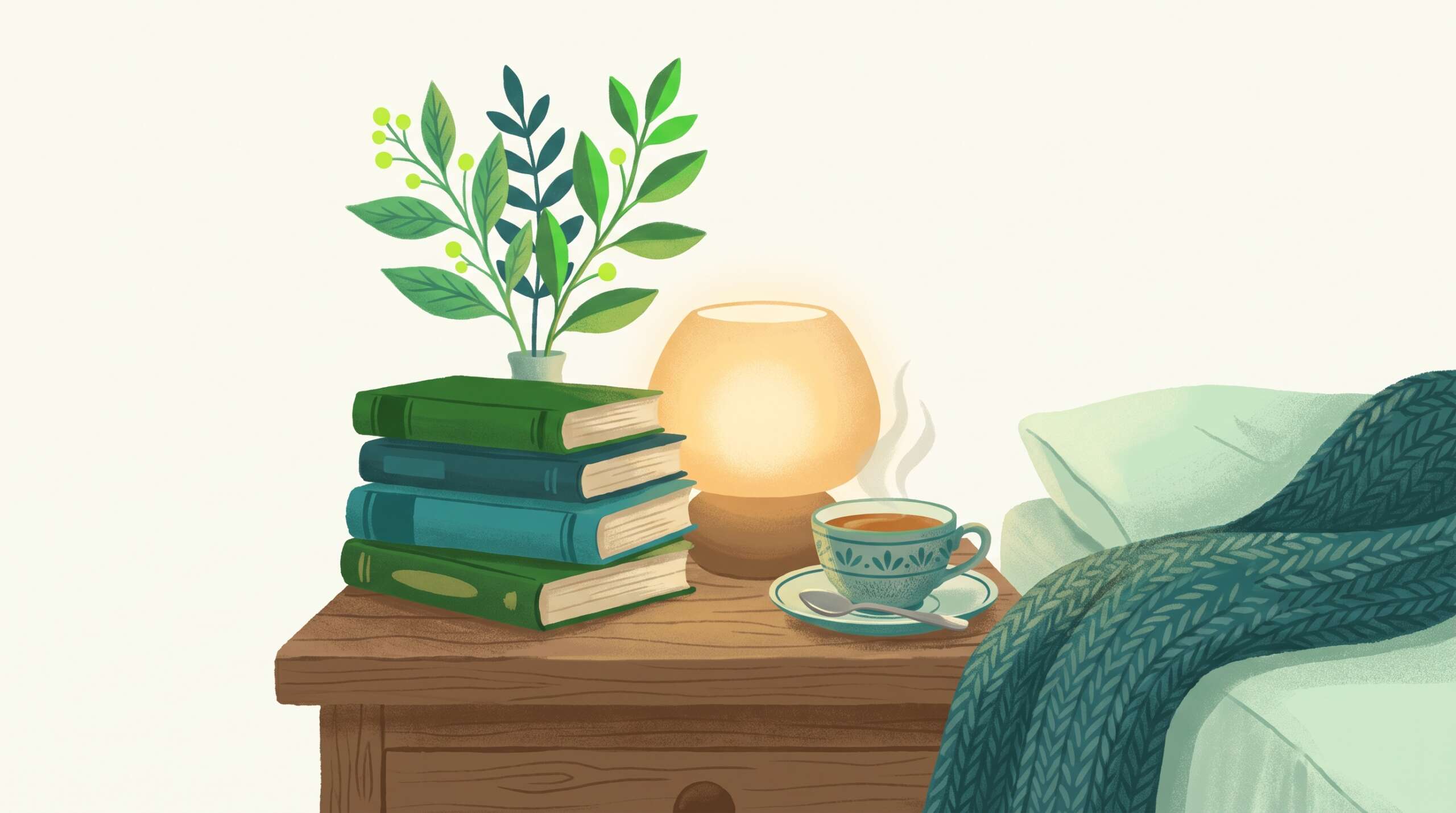 Well-worn books stacked on a bedside table with a reading lamp — recommended reading for betrayal trauma