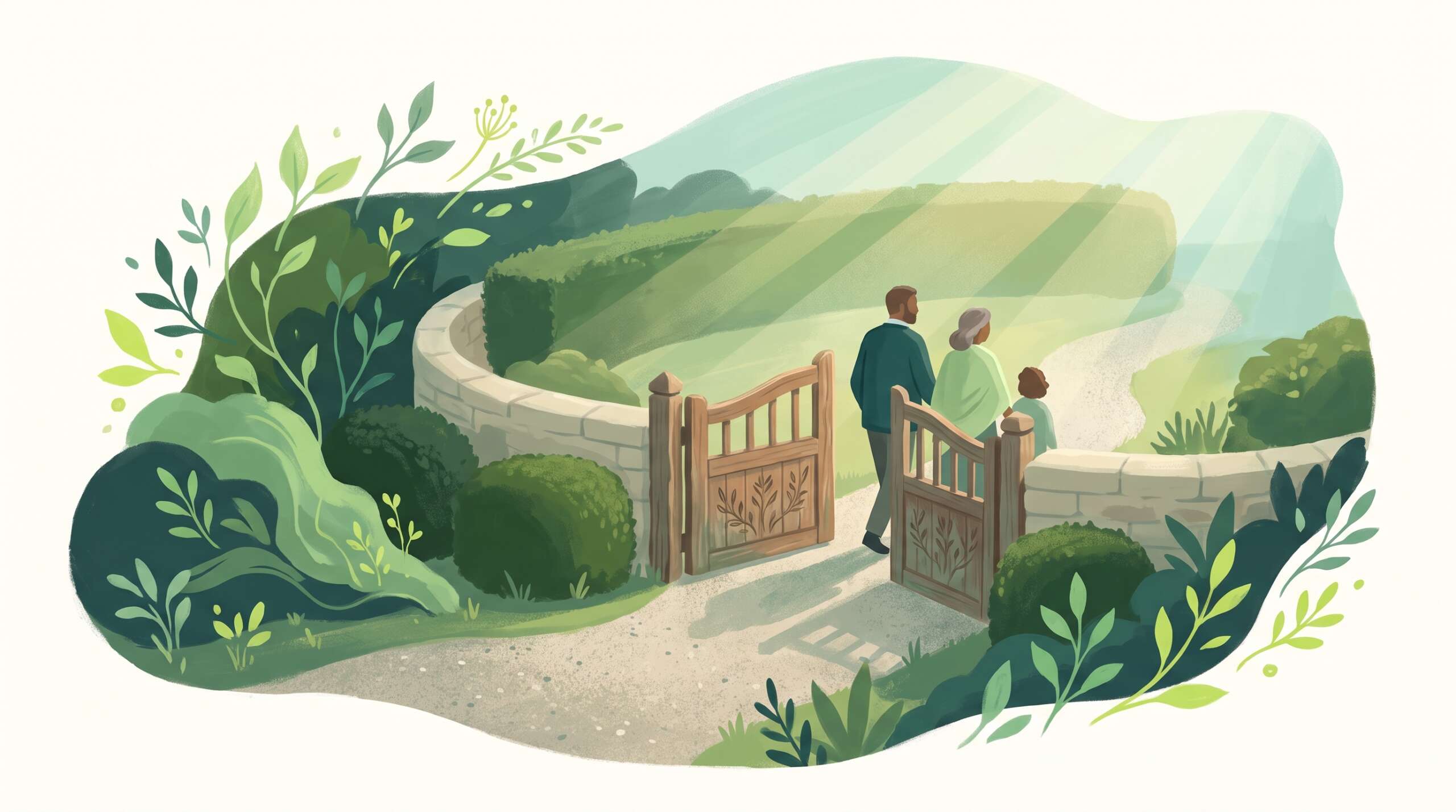 A garden with a low stone wall and an open gate — healthy boundaries during recovery