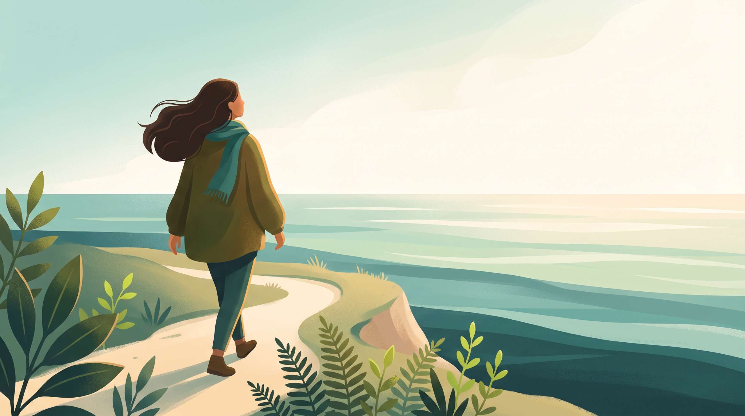 A woman walking a coastal path at golden hour, posture lighter — closure is possible after leaving