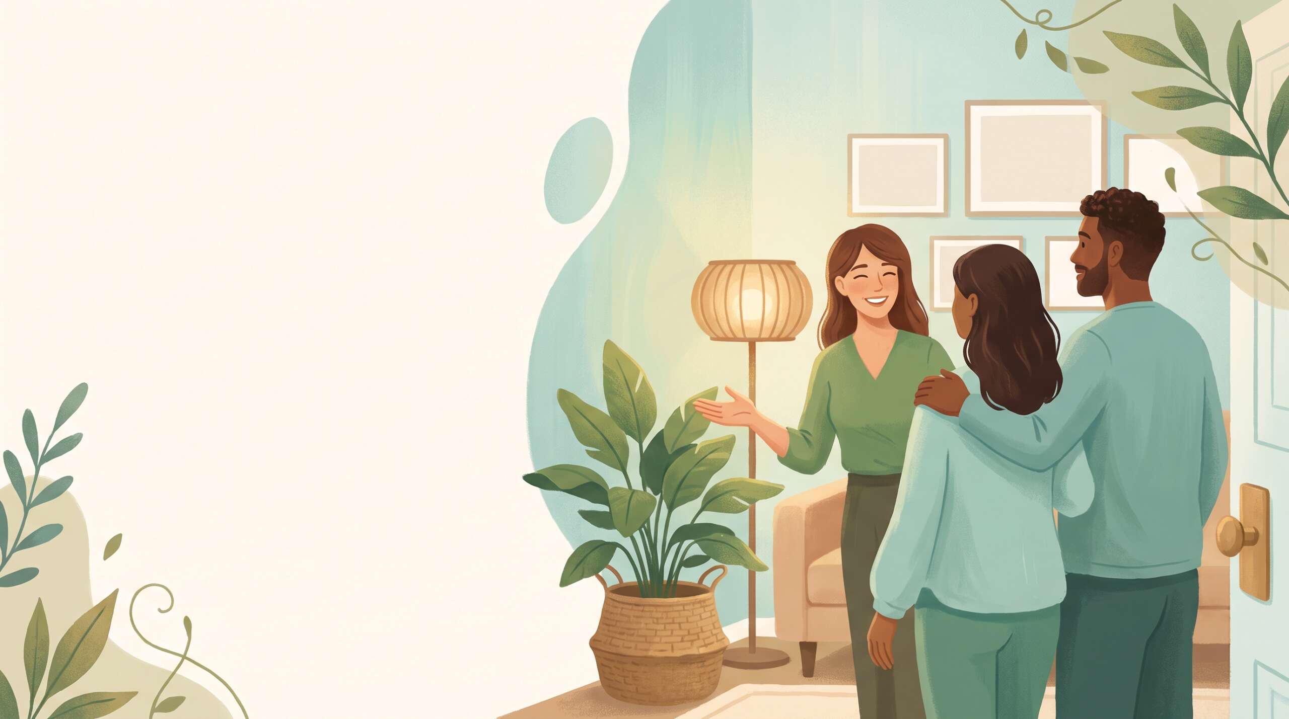 A trained therapist welcoming a couple into a warm office — disclosure belongs with trained specialists