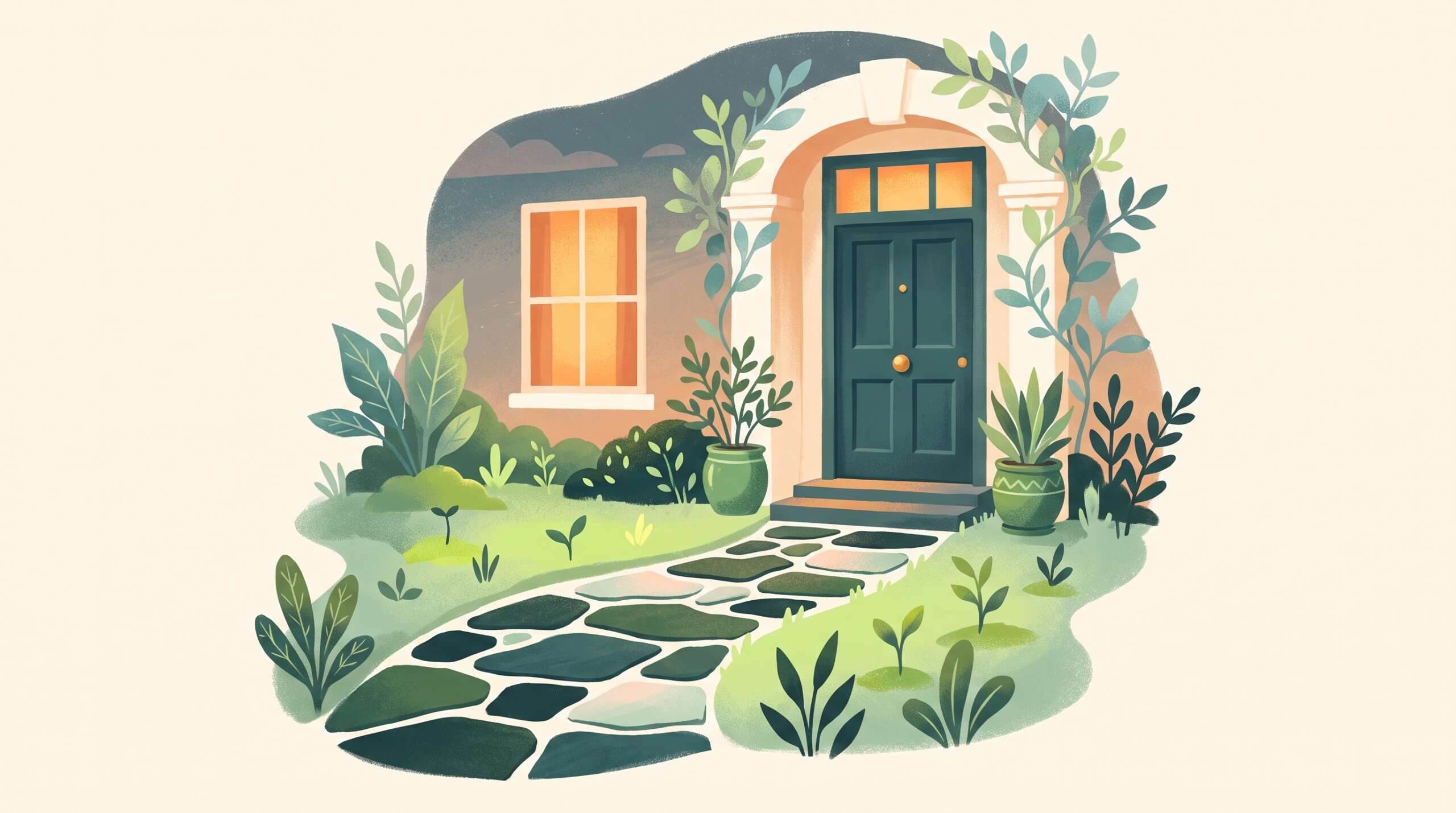 A welcoming counseling office with warm light inside and new growth along the path — ready to talk