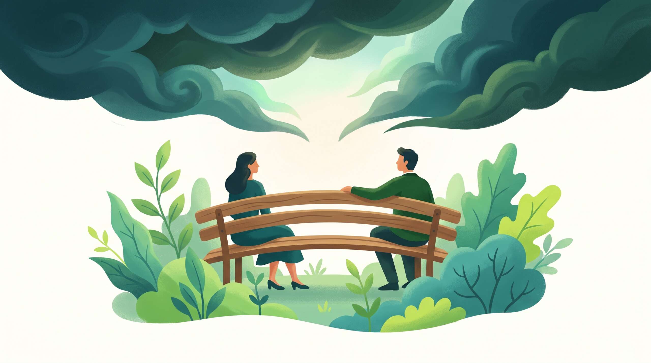 A couple seated apart on a garden bench at dusk as storm clouds part — the real risks of disclosure