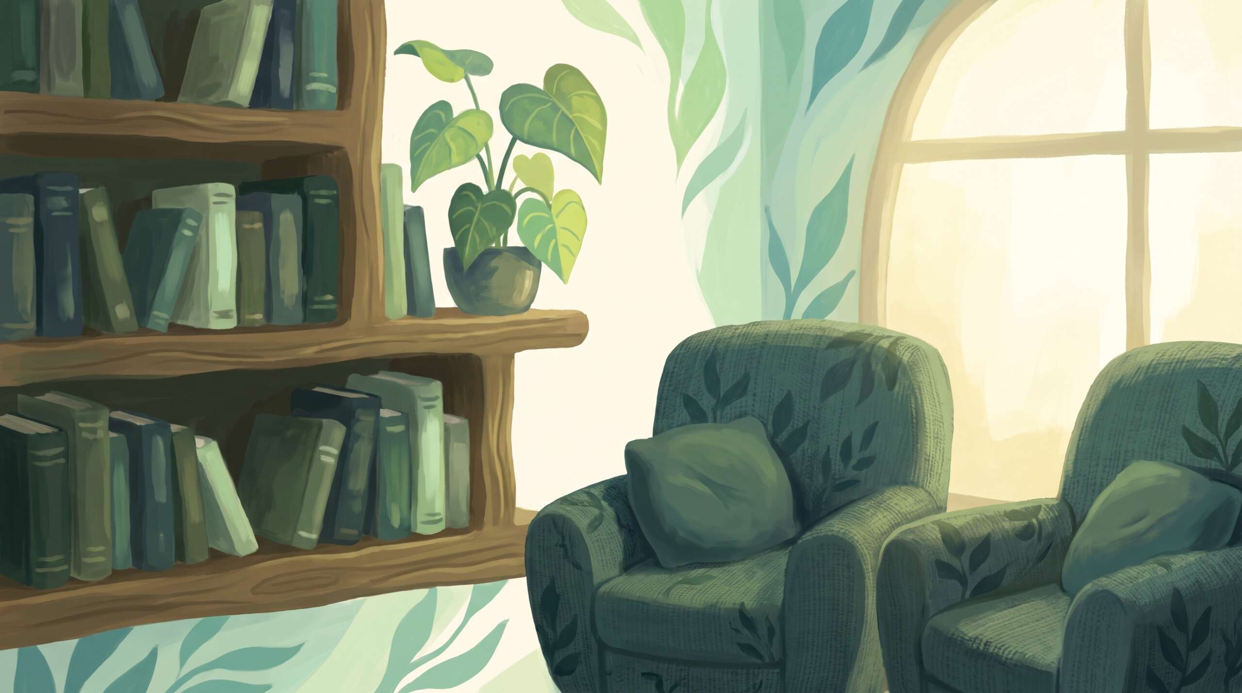 A counselor's shelf of well-worn books and two waiting chairs — the forms betrayal trauma takes