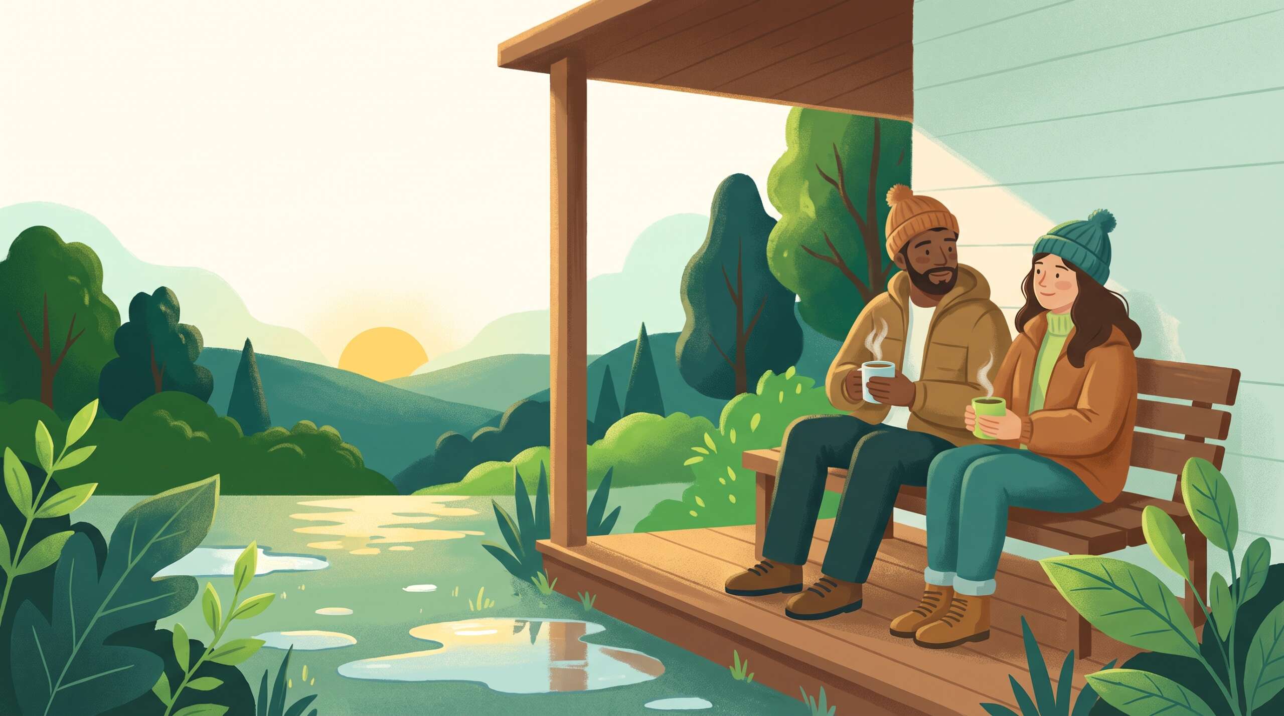 A couple on a porch at sunrise after a storm, holding warm mugs — people who walk through disclosure affirm it