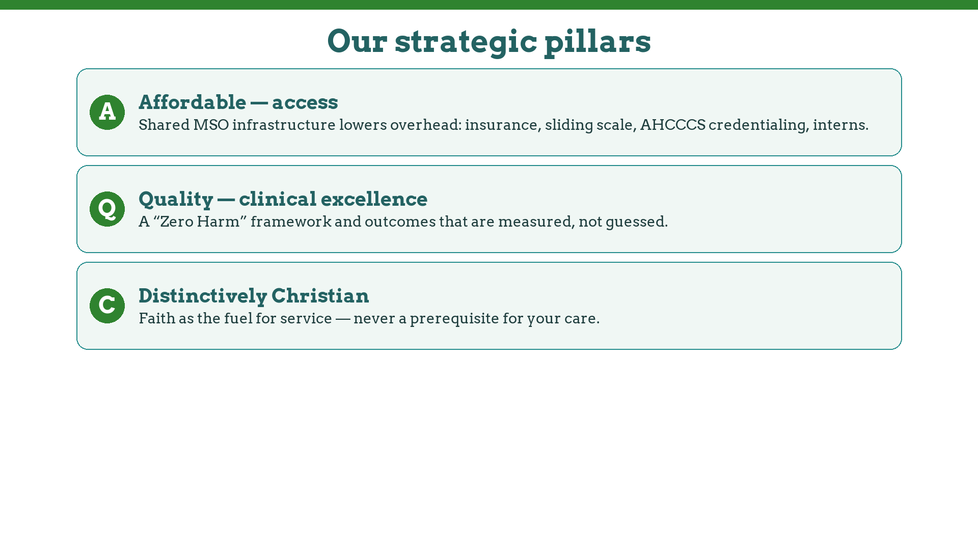 Restored Life's strategic pillars: affordable access, clinical quality, distinctively Christian care