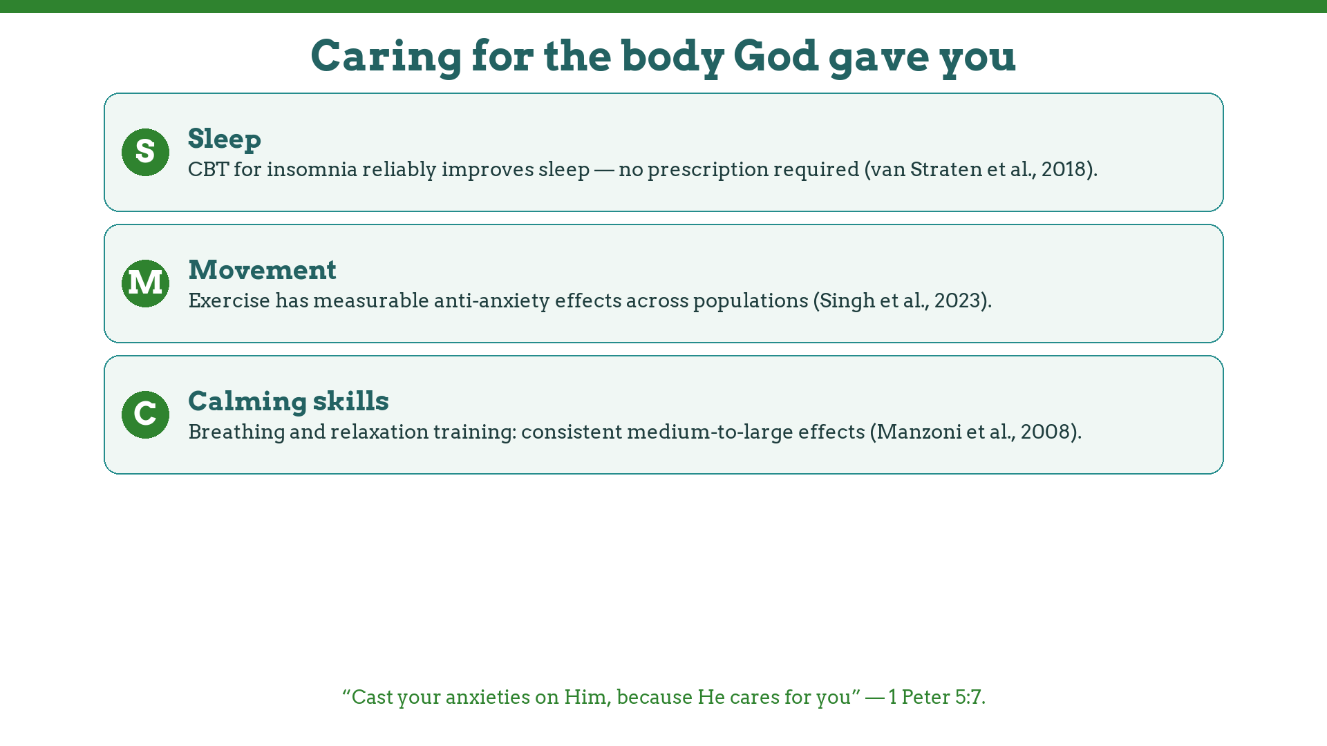 Whole-body anxiety care: sleep therapy, exercise, and calming skills — stewardship of an embodied soul
