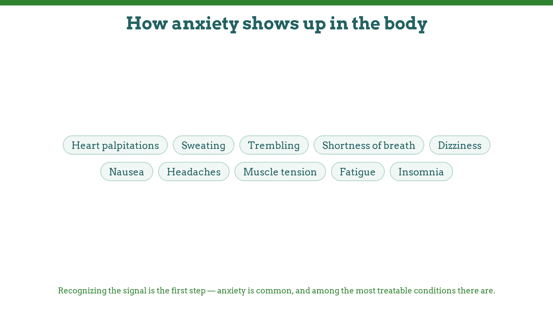 Physical symptoms of anxiety: palpitations, sweating, trembling, shortness of breath, dizziness, nausea, headaches, muscle tension, fatigue, insomnia