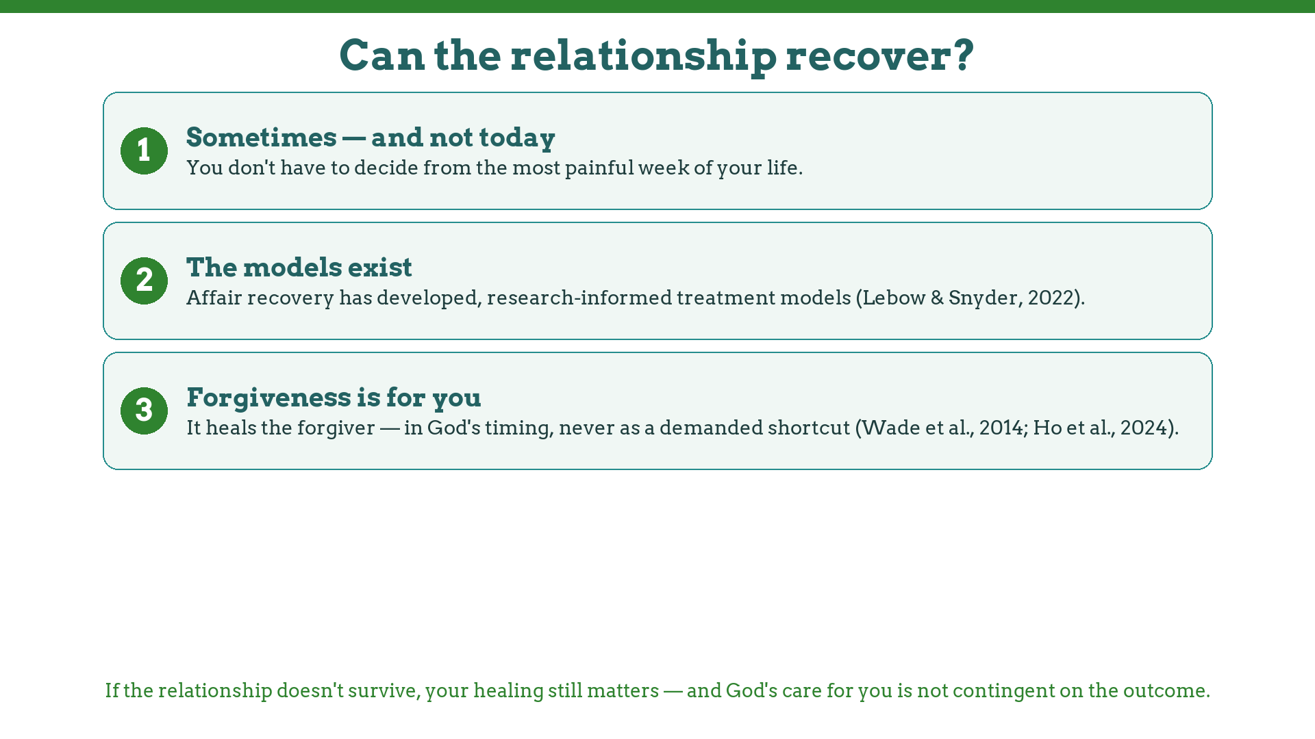 Whether the relationship recovers after betrayal: no rushed decisions, research-informed models, forgiveness in God's timing
