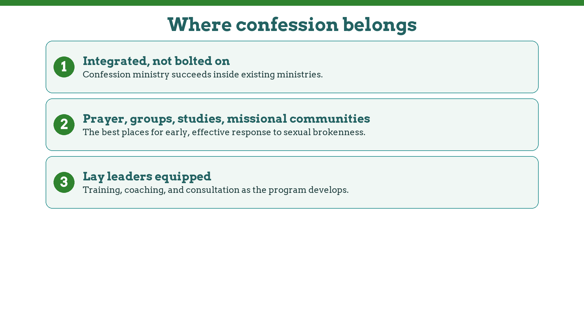 Creating confessional communities: confession integrated into existing prayer ministries, small groups, and missional communities