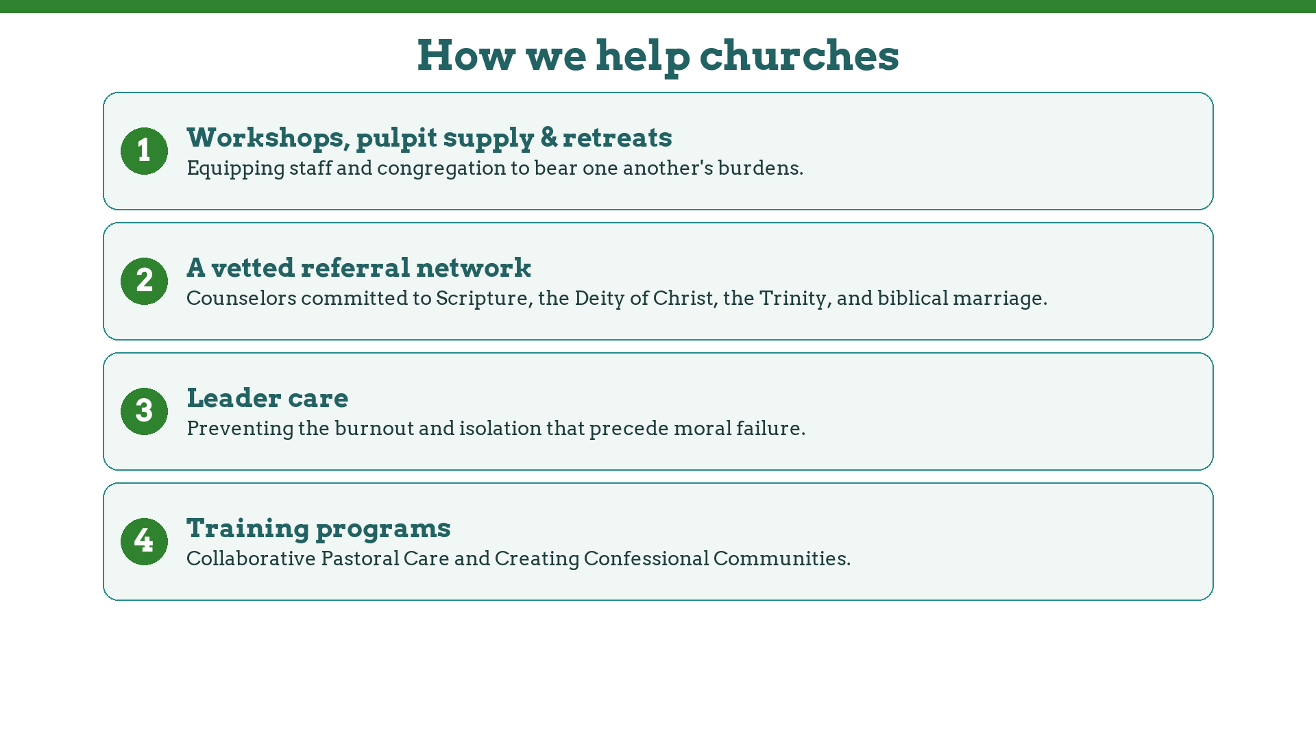 How Restored Life helps churches: workshops and retreats, a vetted referral network, leader care, and training programs