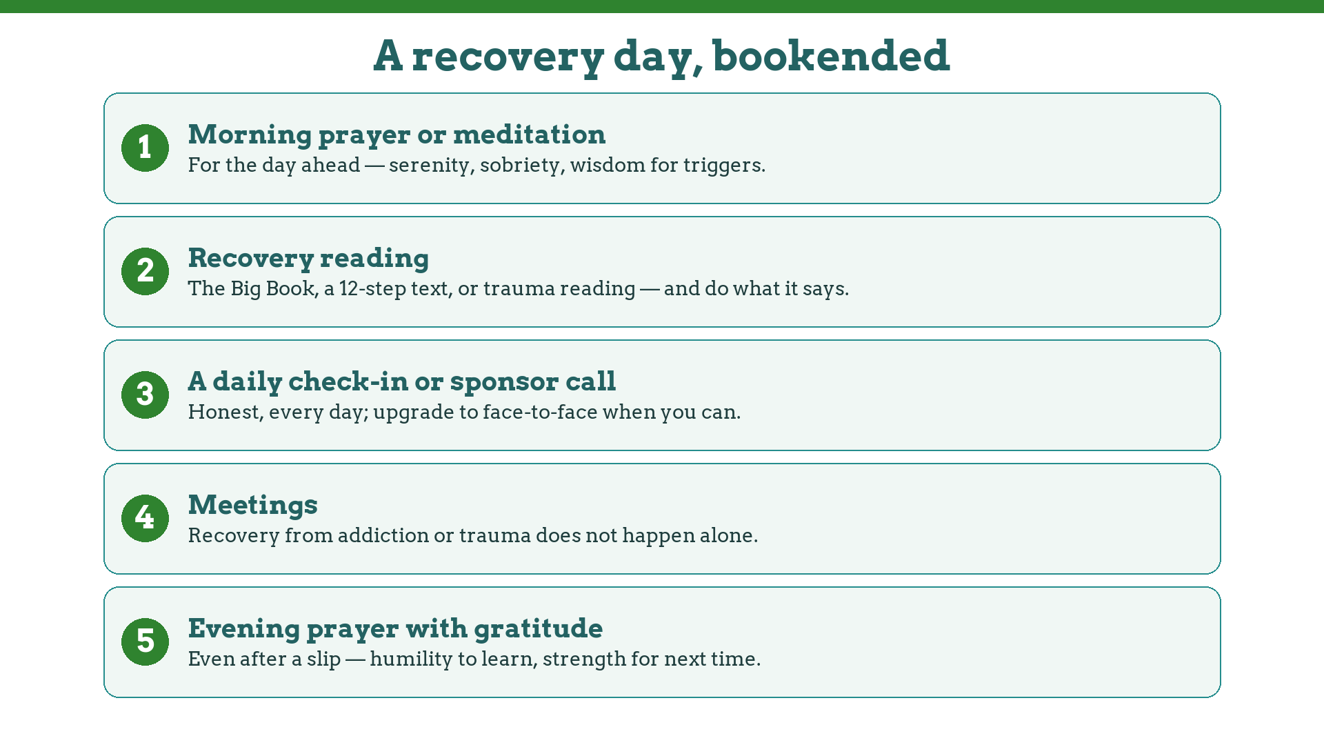 A structured recovery day: morning prayer, recovery reading, daily check-in call, meetings, evening gratitude prayer