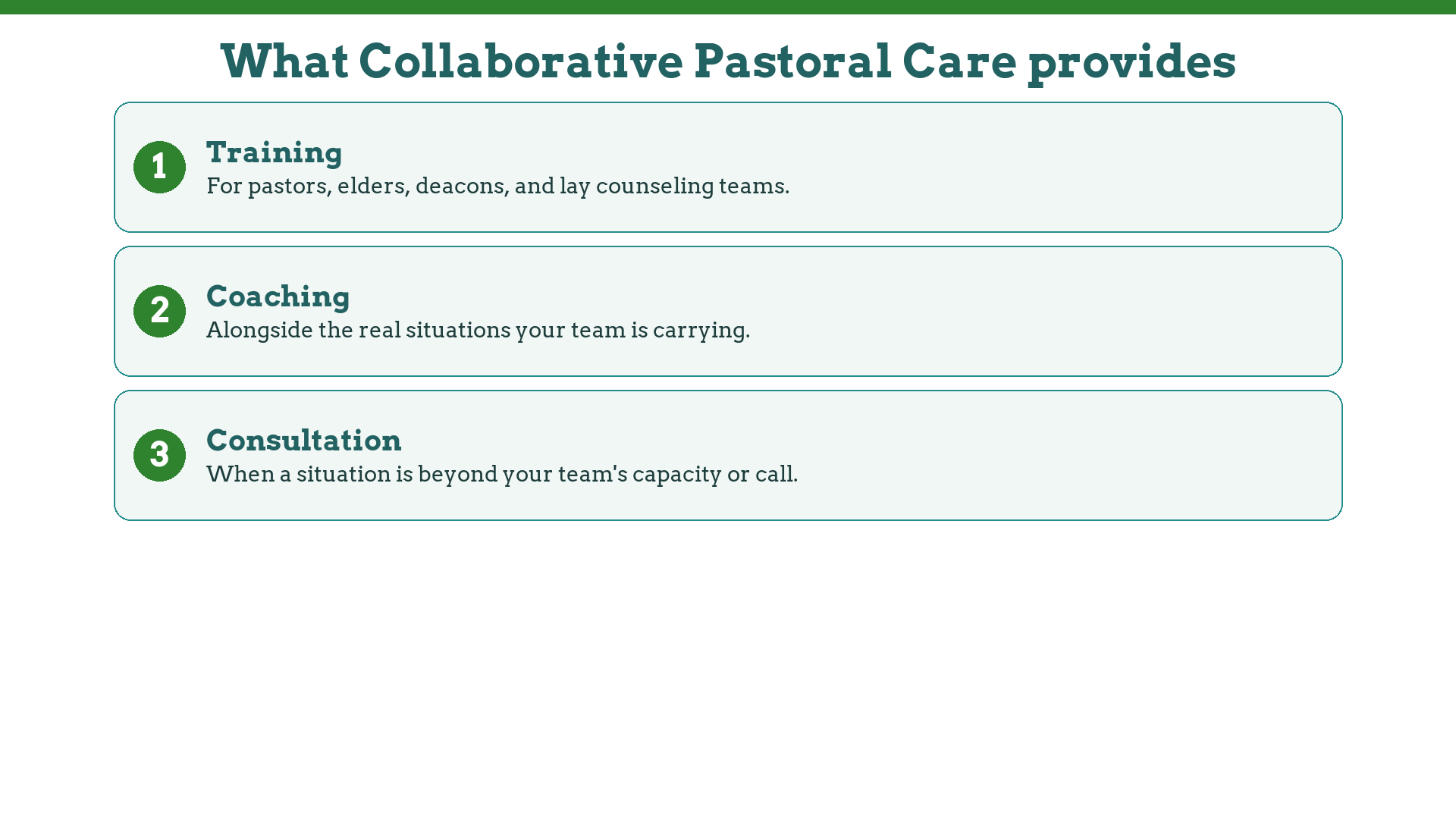 Collaborative Pastoral Care: training, coaching, and consultation for church pastoral care teams