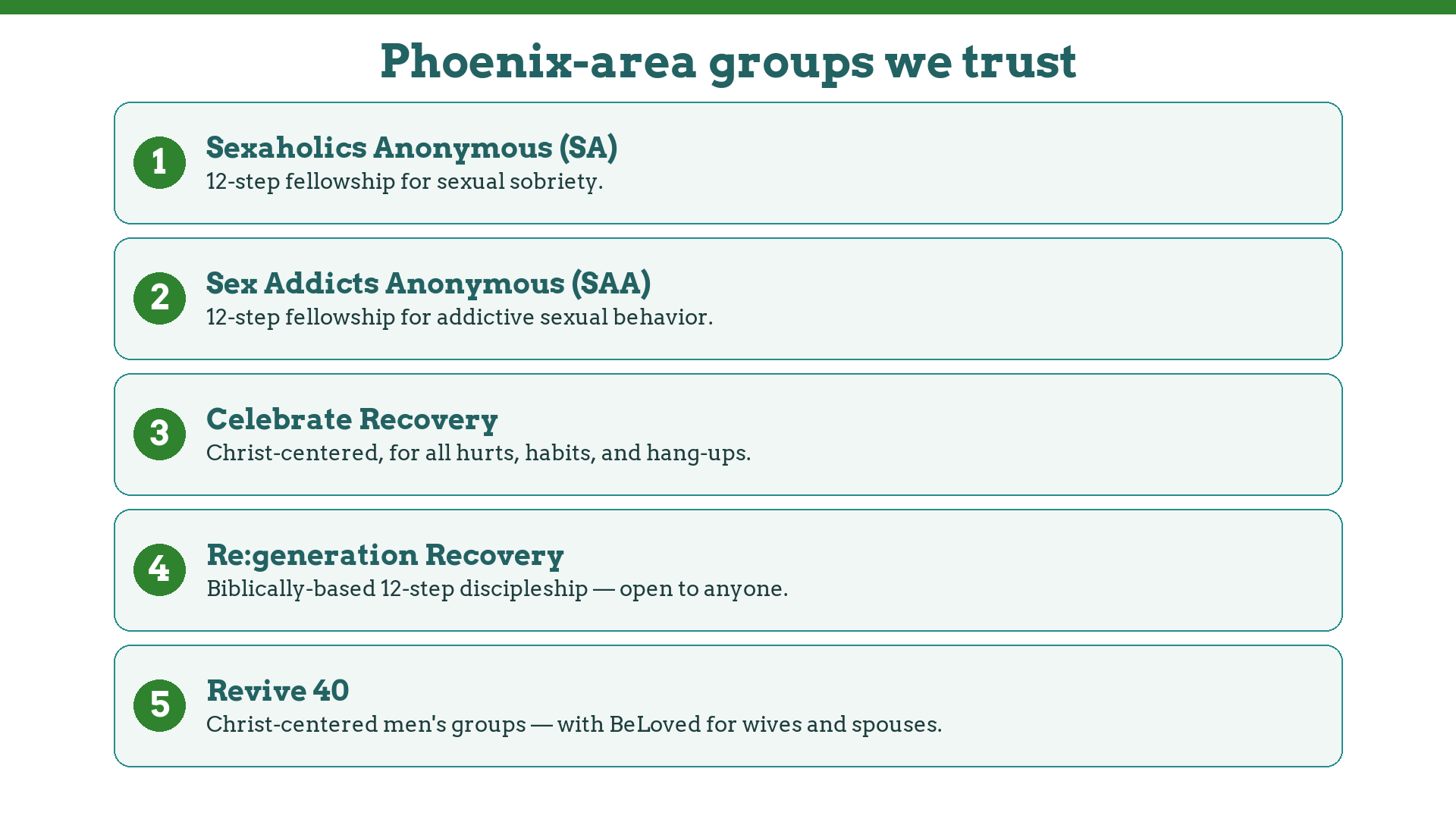 Trusted Glendale and Phoenix recovery groups: SA, SAA, Celebrate Recovery, Re:generation, Revive 40 with BeLoved