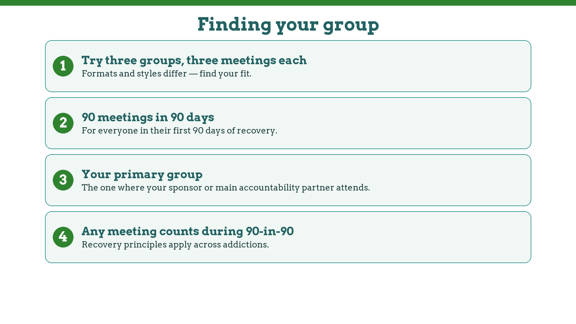 Finding a recovery group: try three groups three times, 90 meetings in 90 days, and choose a primary group where your sponsor attends