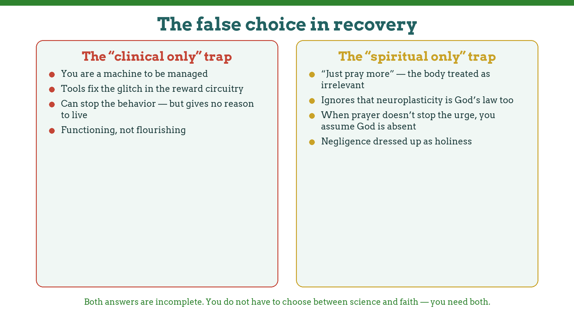 The false choice in porn addiction recovery: the clinical-only trap versus the spiritual-only trap — both incomplete; you need both science and faith