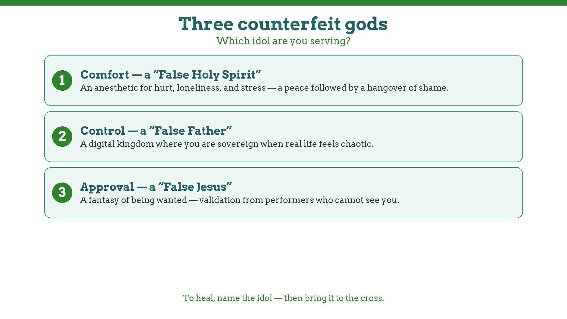 Three counterfeit gods behind porn addiction: comfort as a false holy spirit, control as a false father, approval as a false jesus