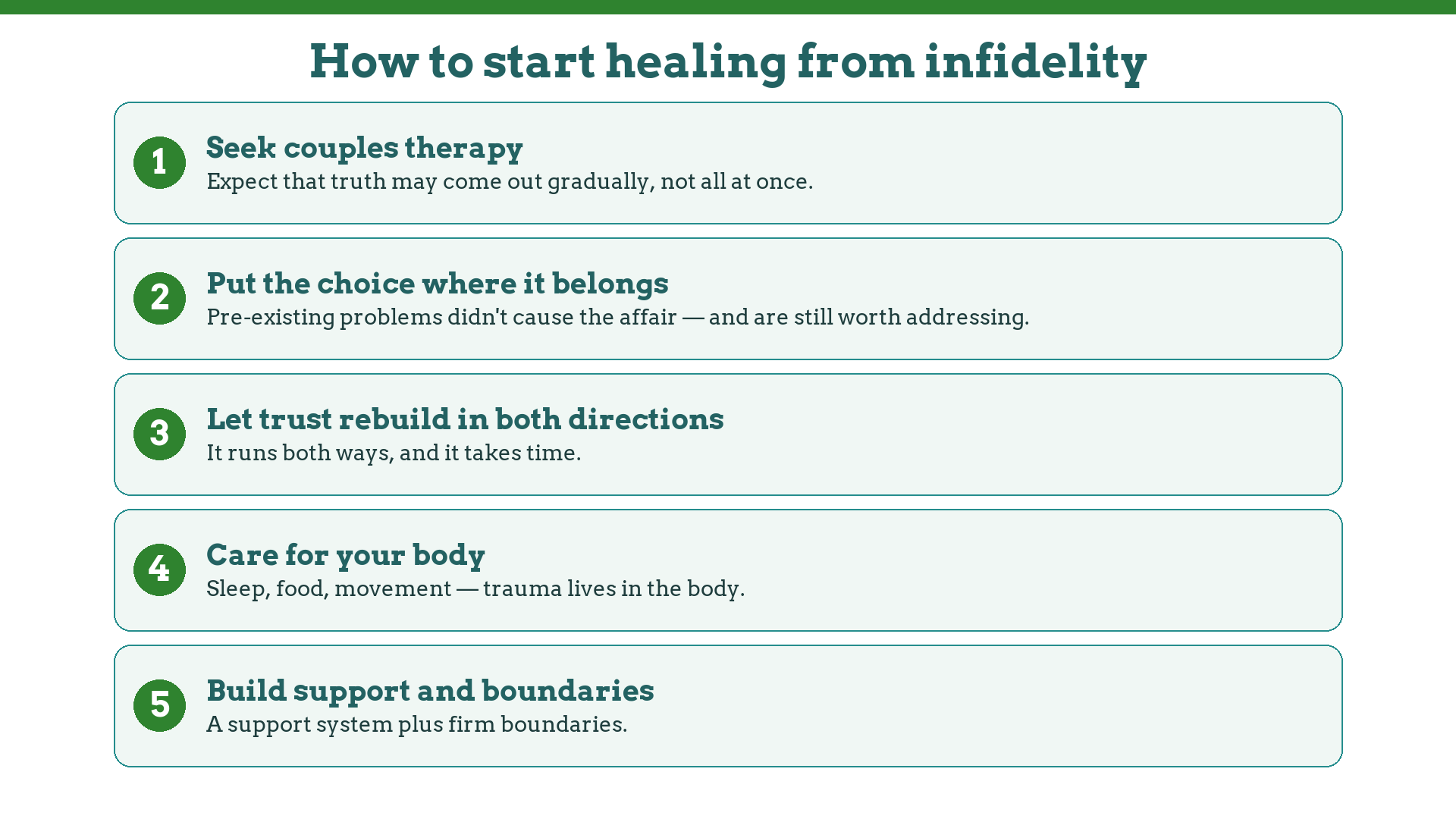 Five steps to start healing from infidelity: couples therapy, ownership, rebuilding trust, body care, support and boundaries