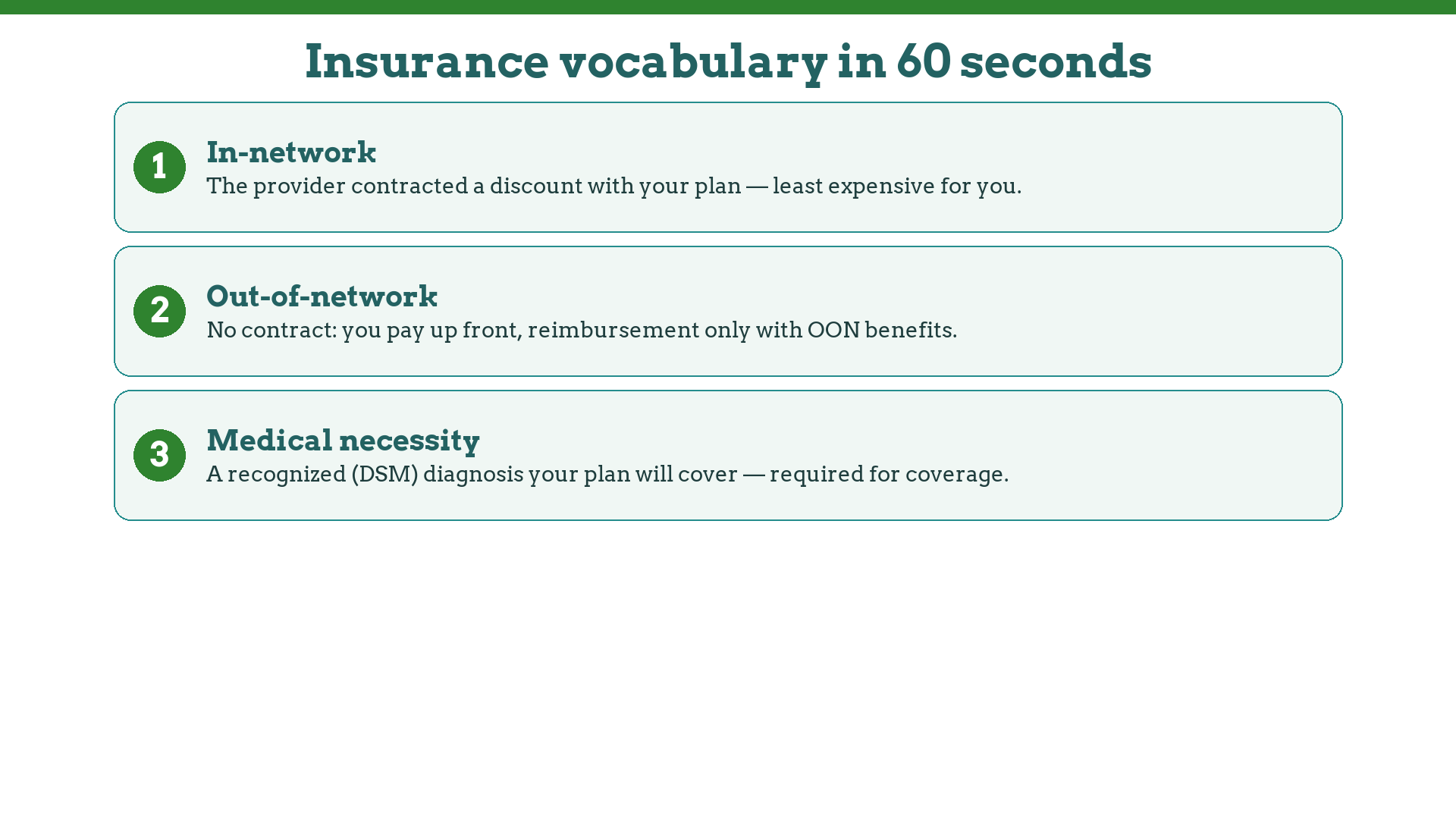 Insurance vocabulary: in-network, out-of-network, and medical necessity in 60 seconds
