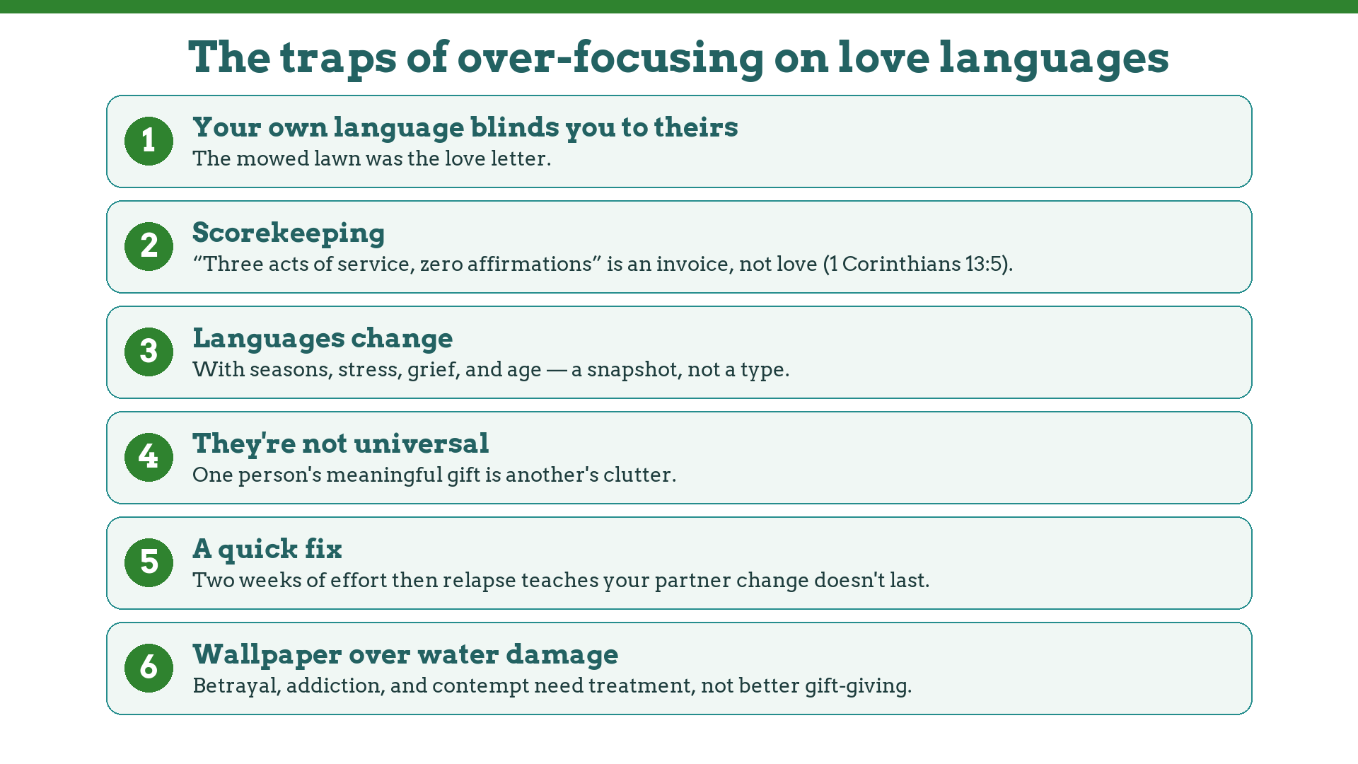 Six traps of over-focusing on love languages: blindness, scorekeeping, change over time, non-universality, quick fixes, untreated wounds