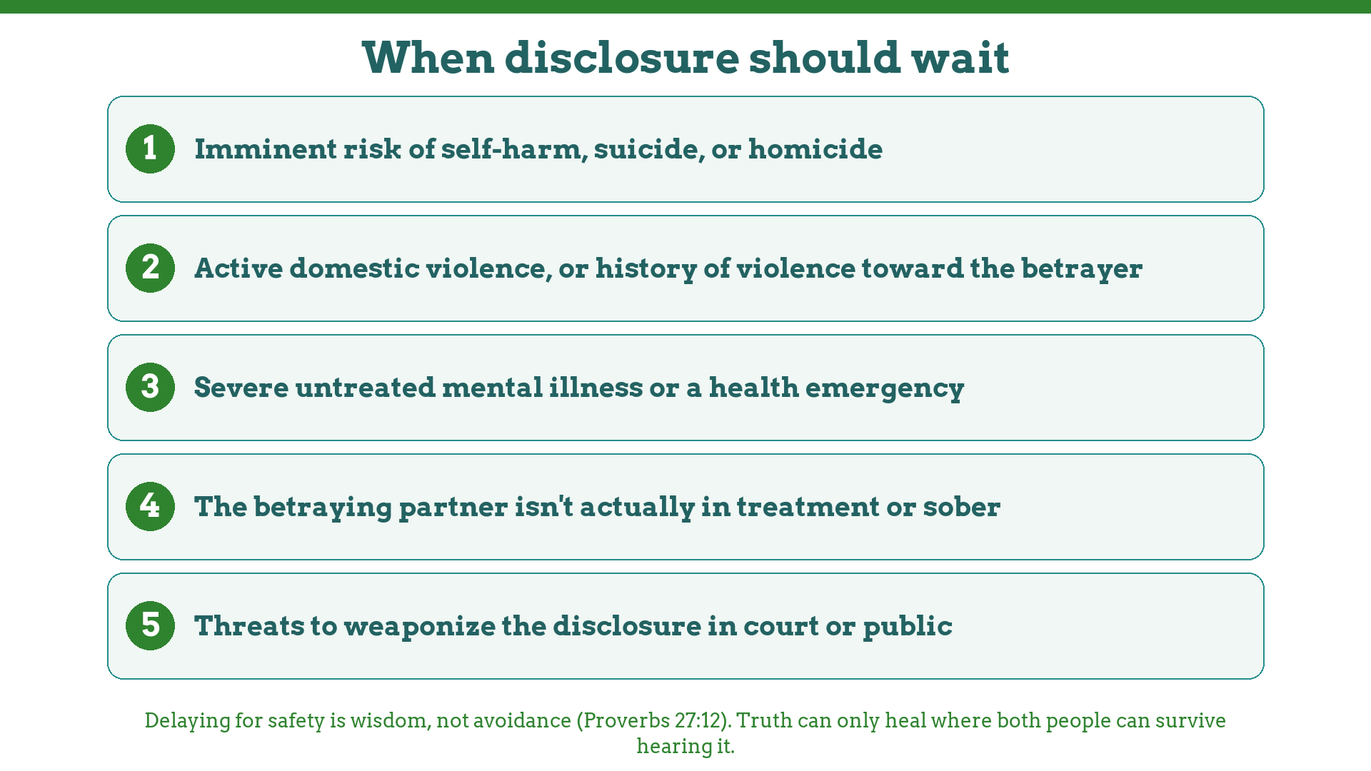Five conditions that delay a formal disclosure: safety risks, violence, untreated illness, absent recovery, weaponization threats