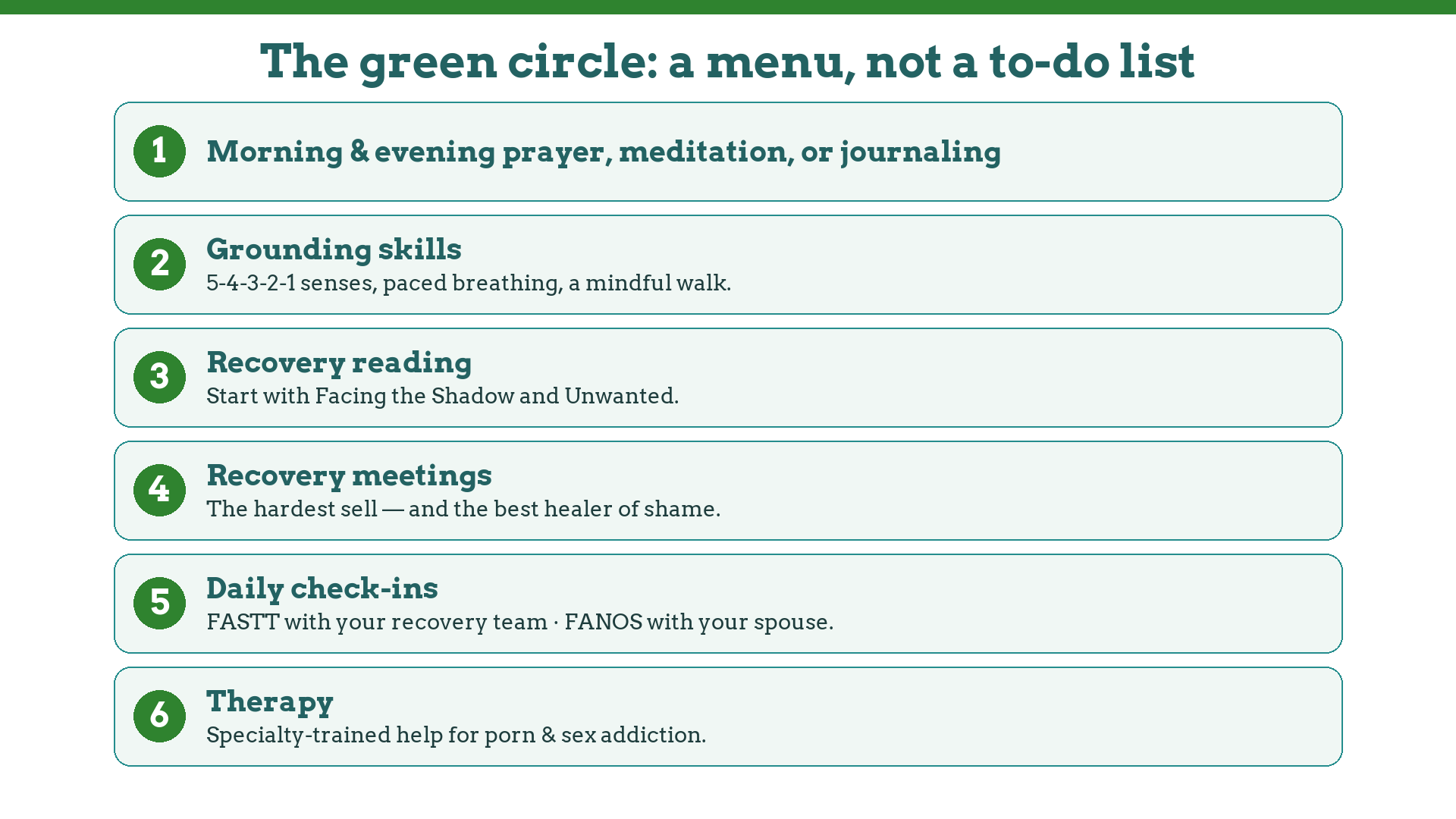 The green circle menu: prayer and journaling, grounding skills, recovery reading, meetings, FASTT and FANOS check-ins, therapy