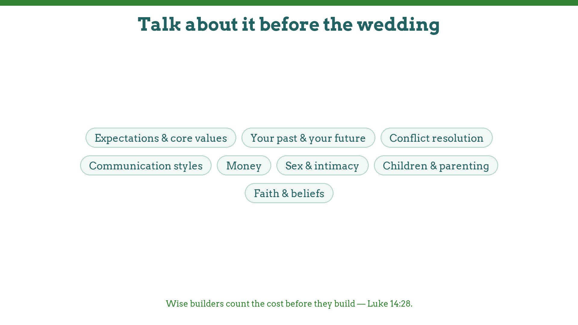 Premarital counseling topics: expectations, your past, conflict, communication, money, intimacy, children, faith
