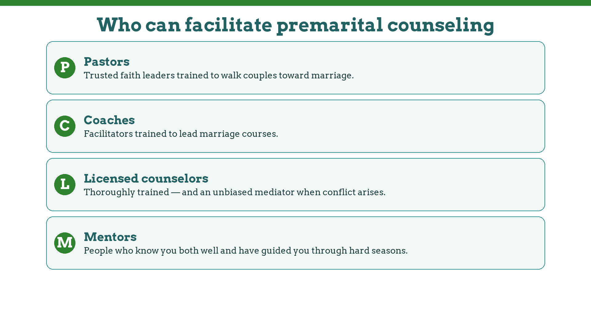 Who can facilitate premarital counseling: pastors, coaches, licensed counselors, mentors