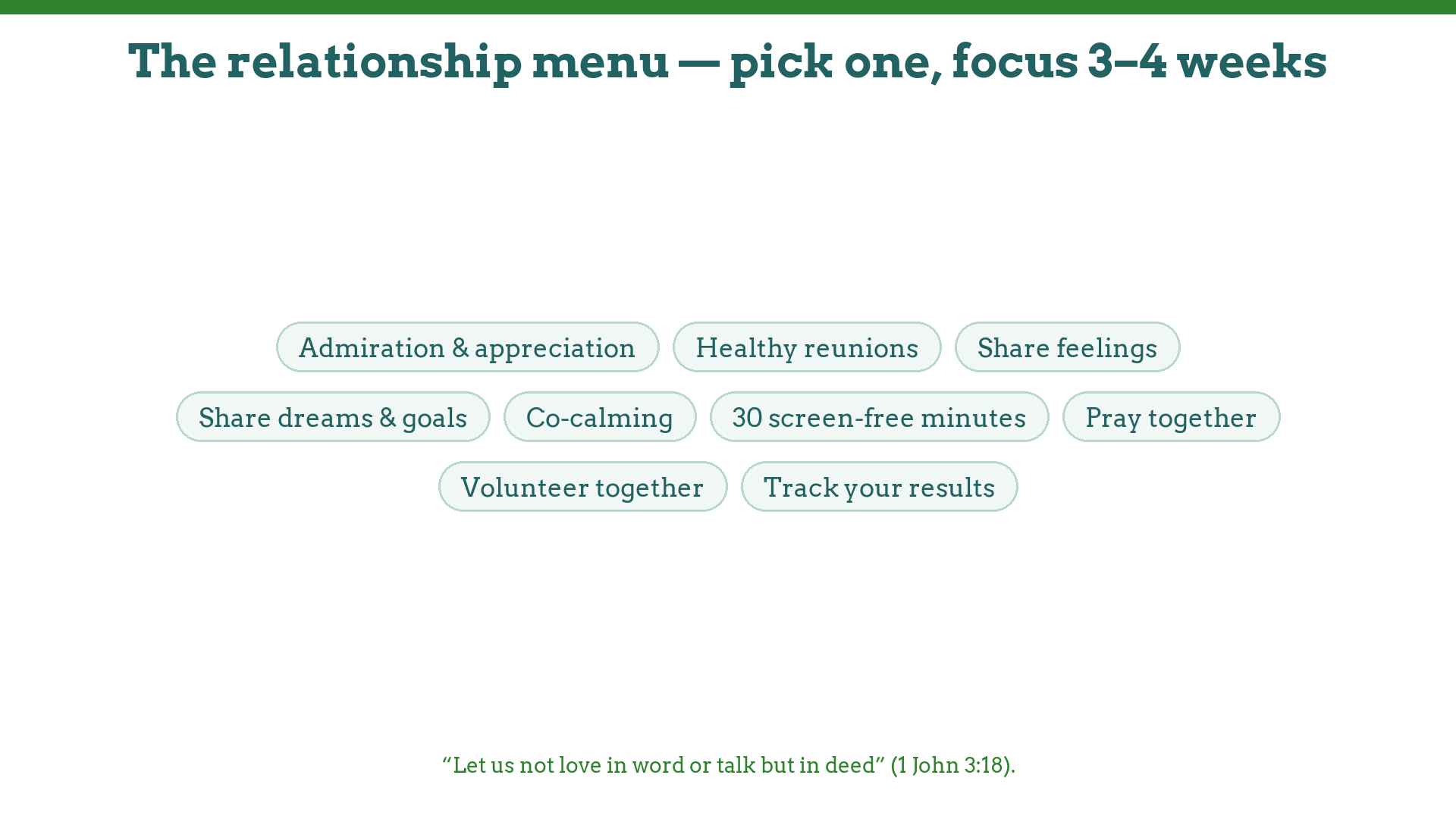 The nine-habit relationship menu: appreciation, reunions, sharing feelings and dreams, co-calming, screen-free time, praying, volunteering, tracking
