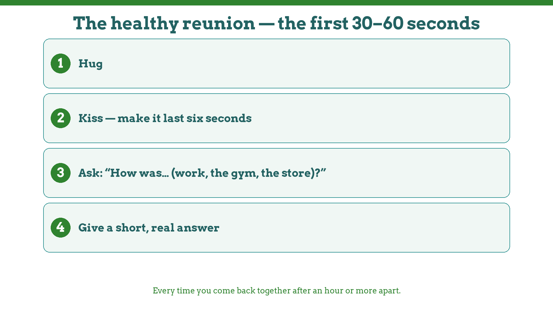 The healthy reunion ritual: hug, six-second kiss, a real question, a short real answer — every time you reunite