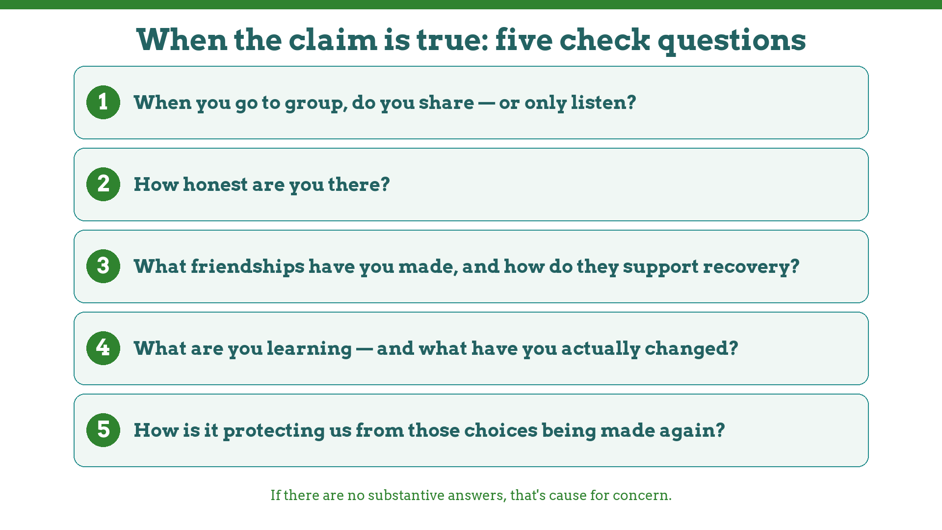 Five check questions to test whether recovery activity is authentic or starlighting