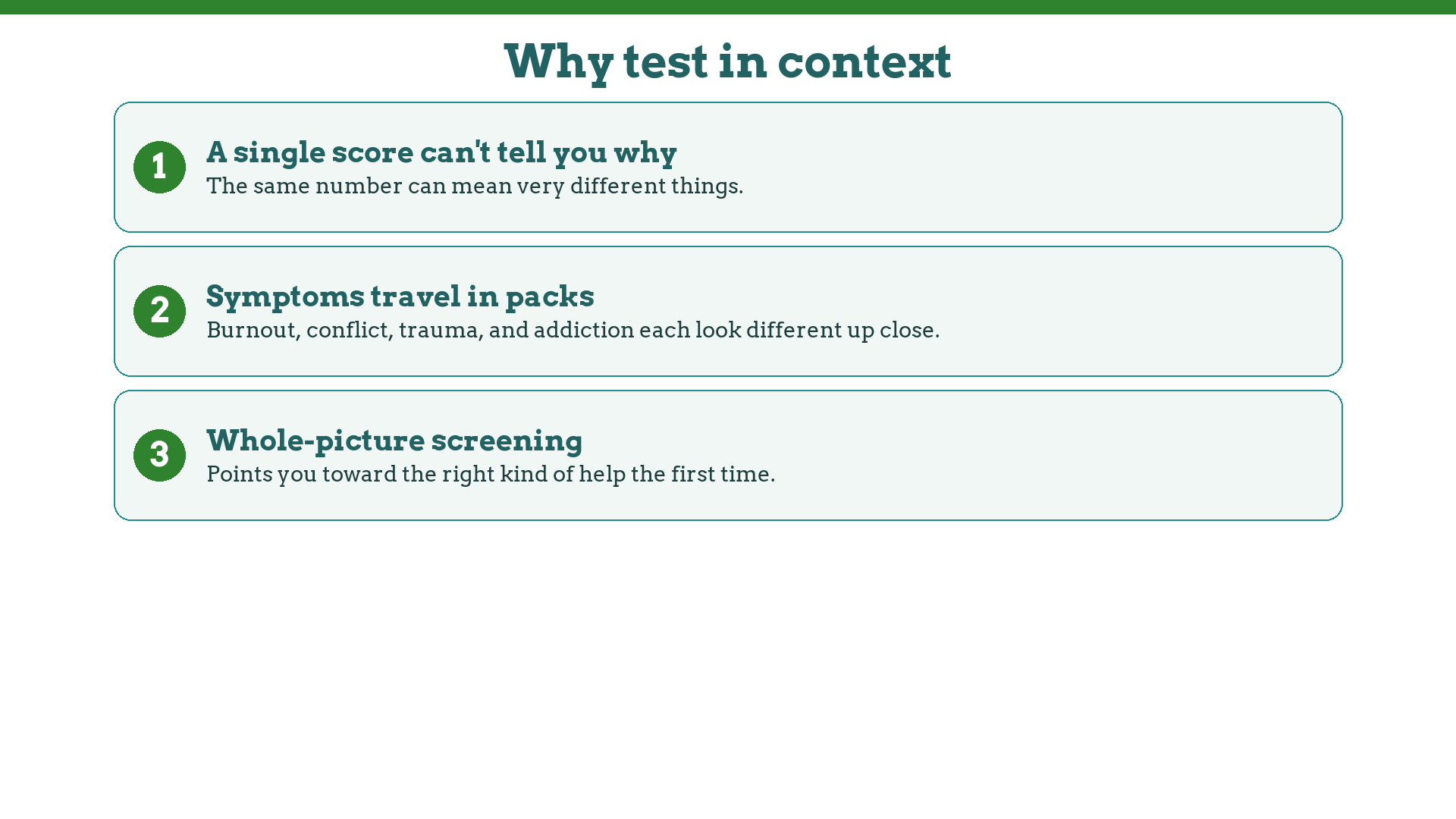 Why symptom tests need context: one score can't say why; whole-picture screening finds the right help first