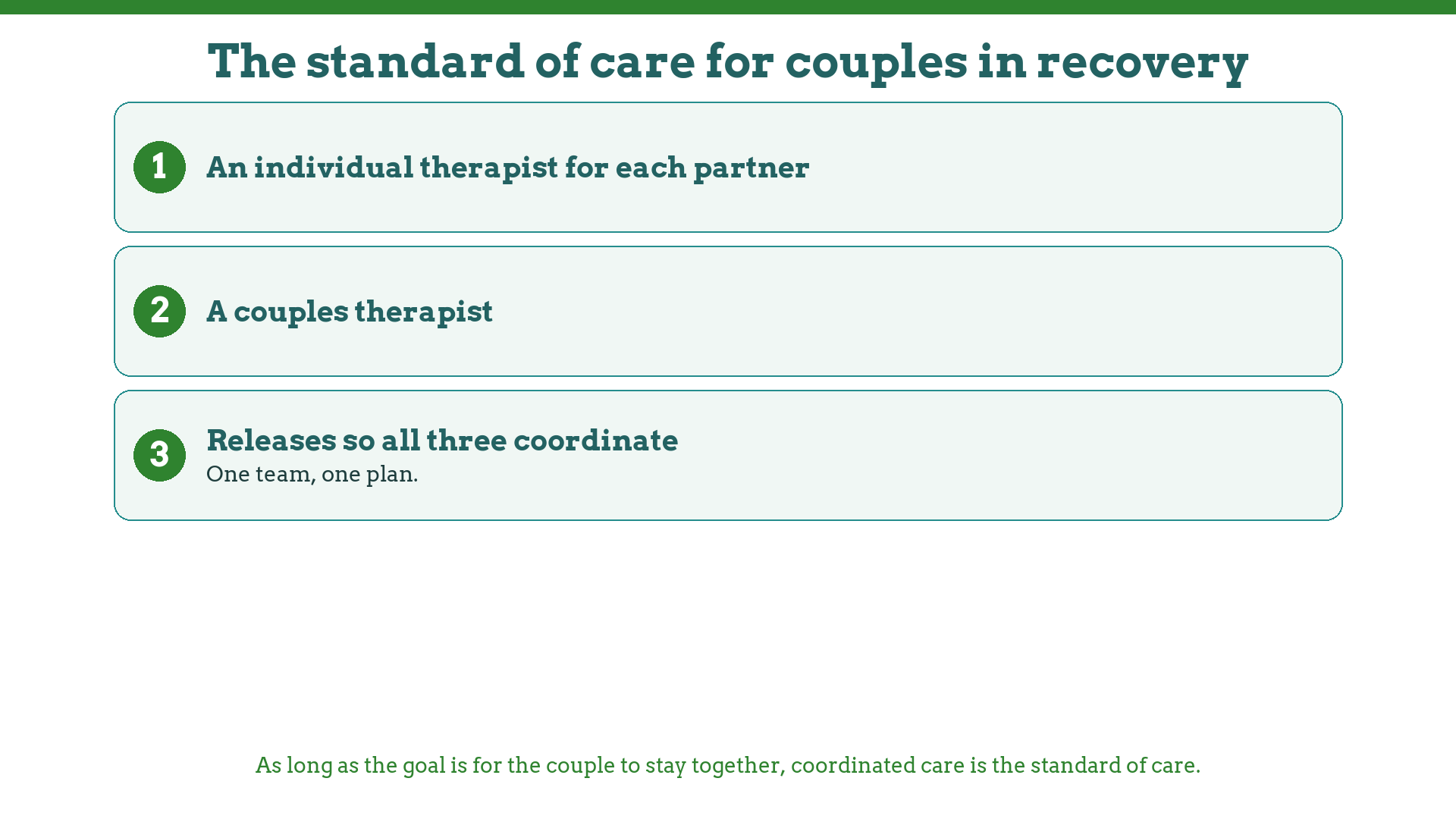 The three-therapist standard of care for couples recovering from addiction and betrayal: two individual therapists plus a couples therapist, coordinated