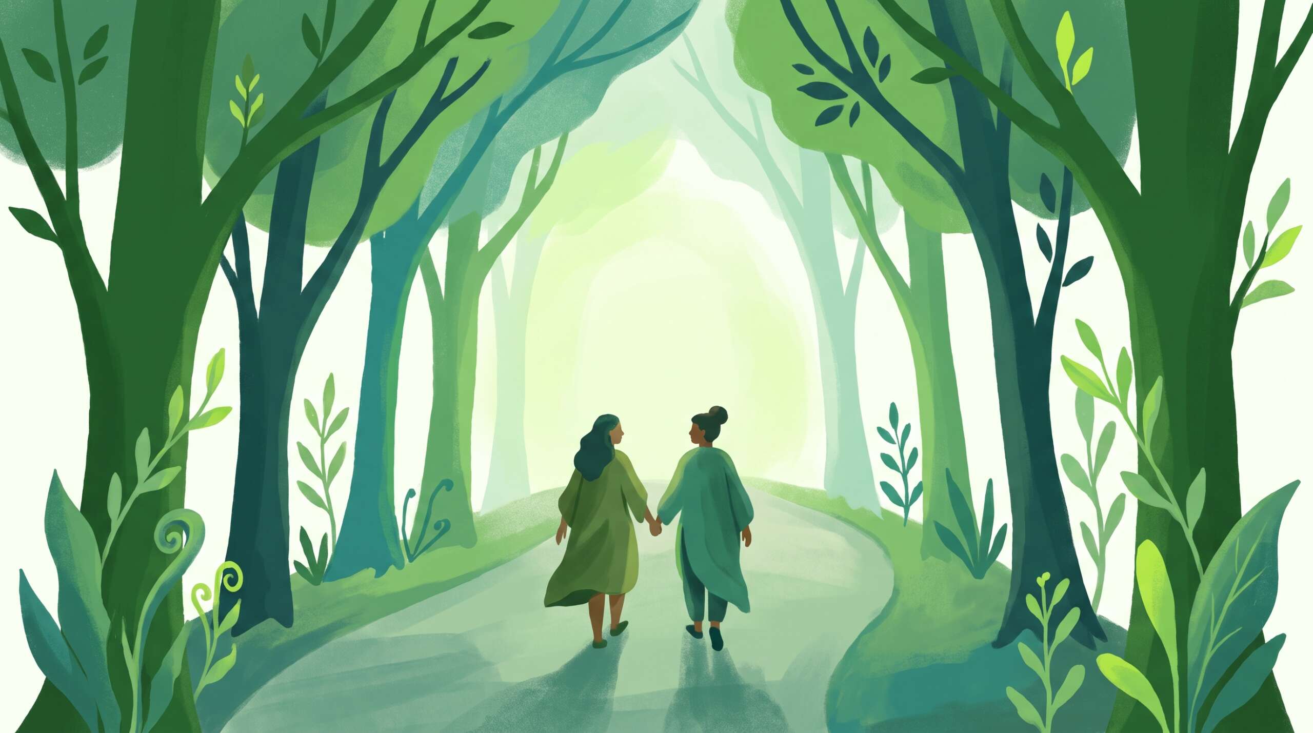A couple walking a long path toward morning light