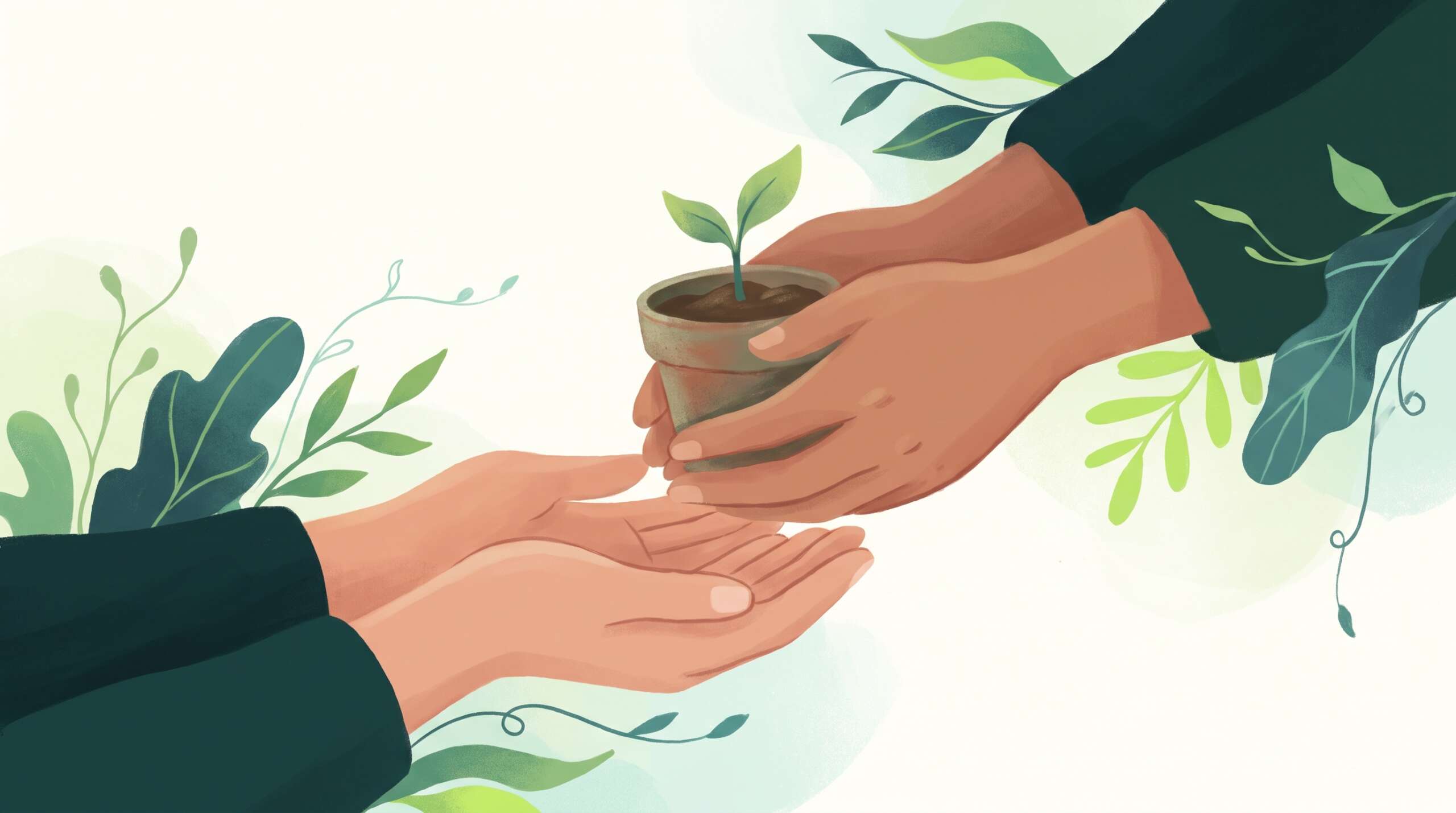 Two hands offering and receiving a small new plant