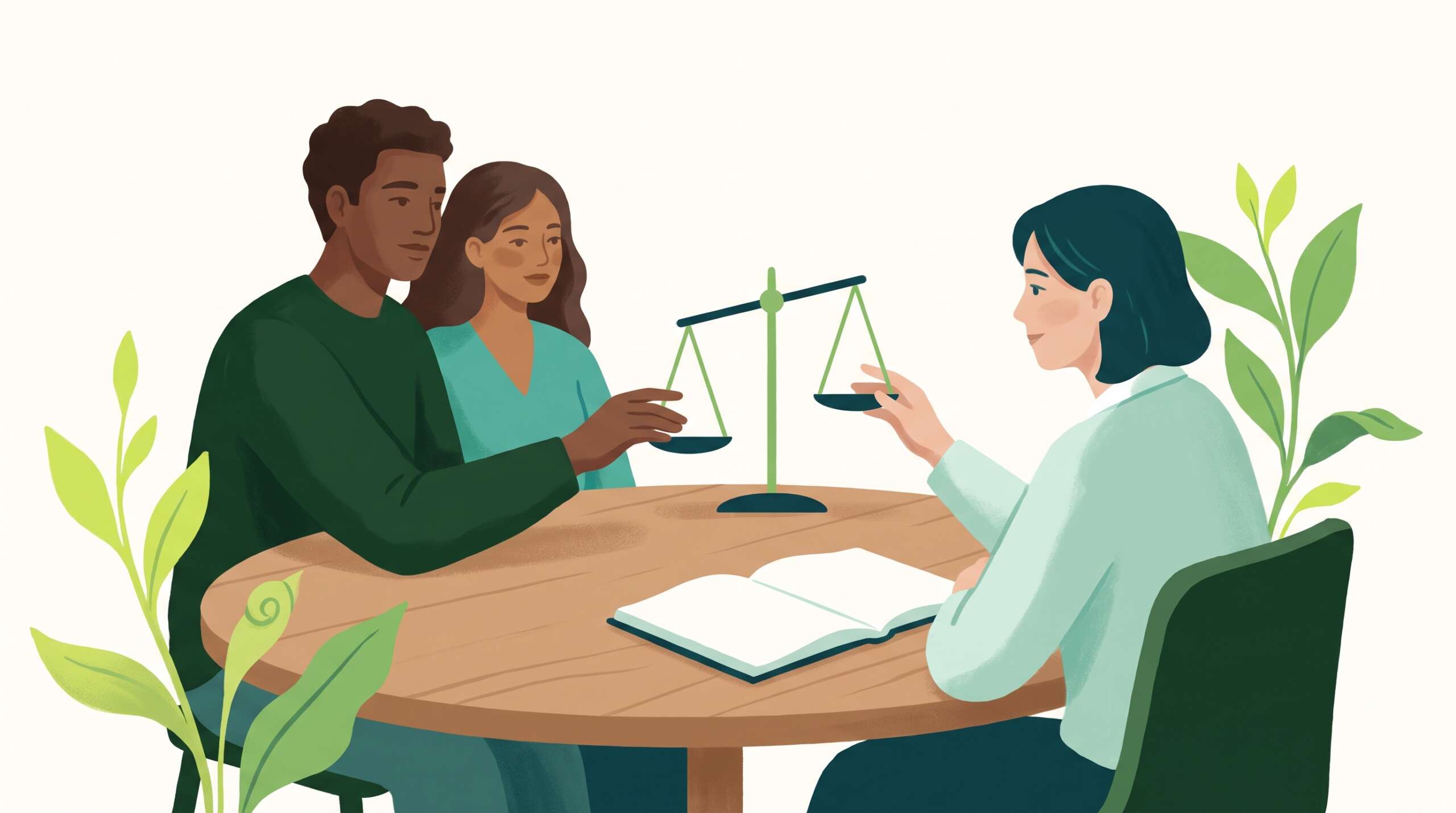 A couple weighing a decision together at a table with a counselor