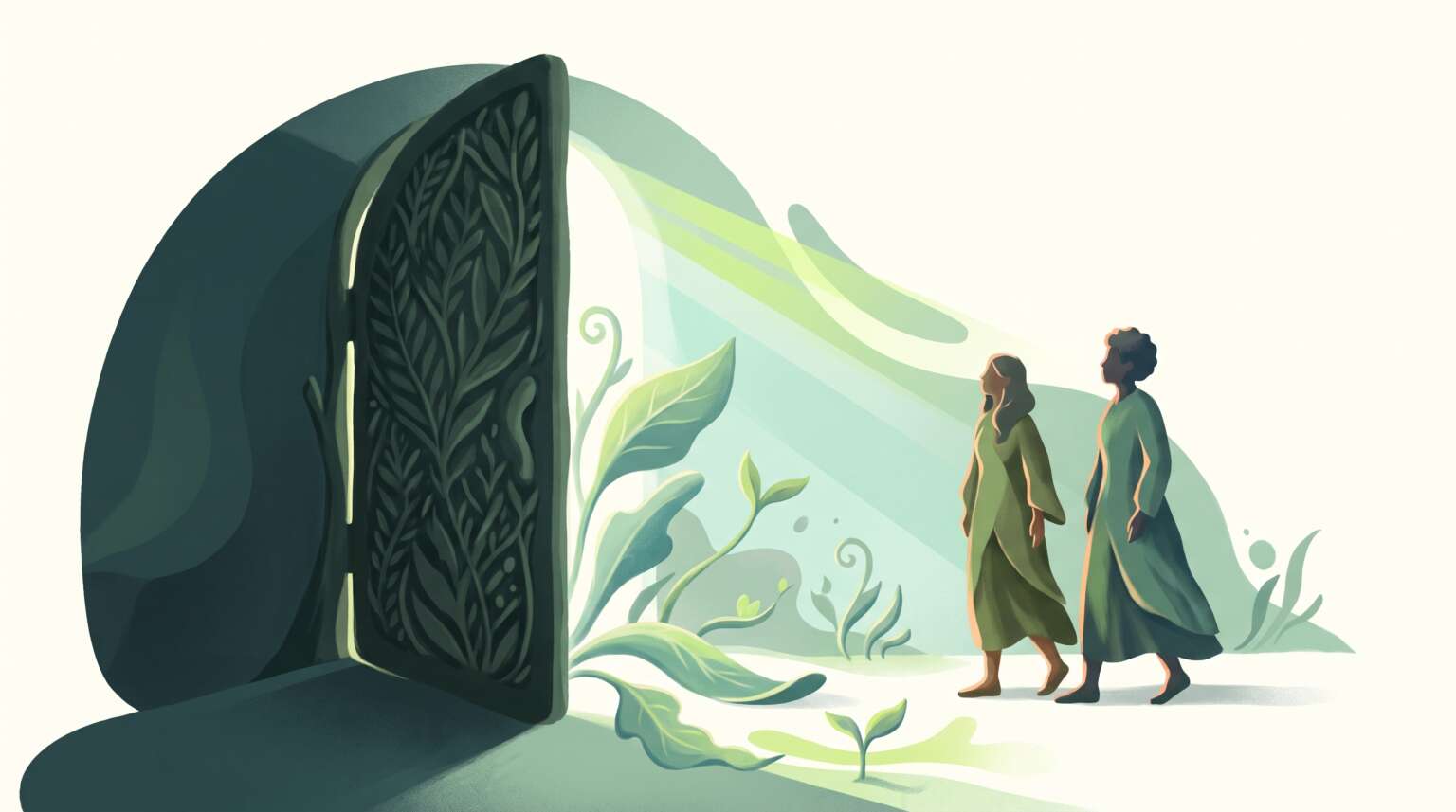 A heavy door opening onto warm morning light spilling into a dark room, truth entering, th