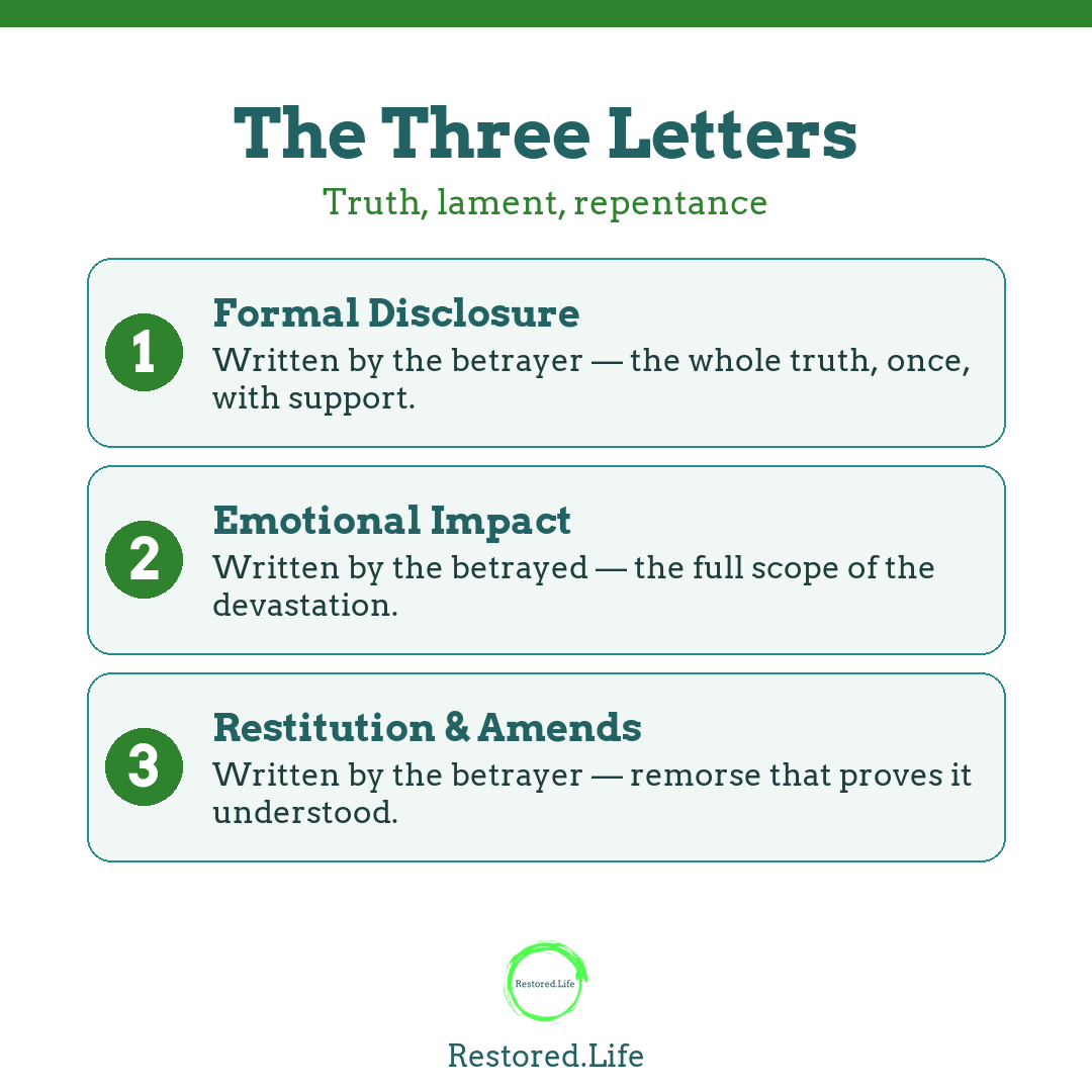 Infographic: the three letters — formal disclosure, emotional impact, restitution and amends