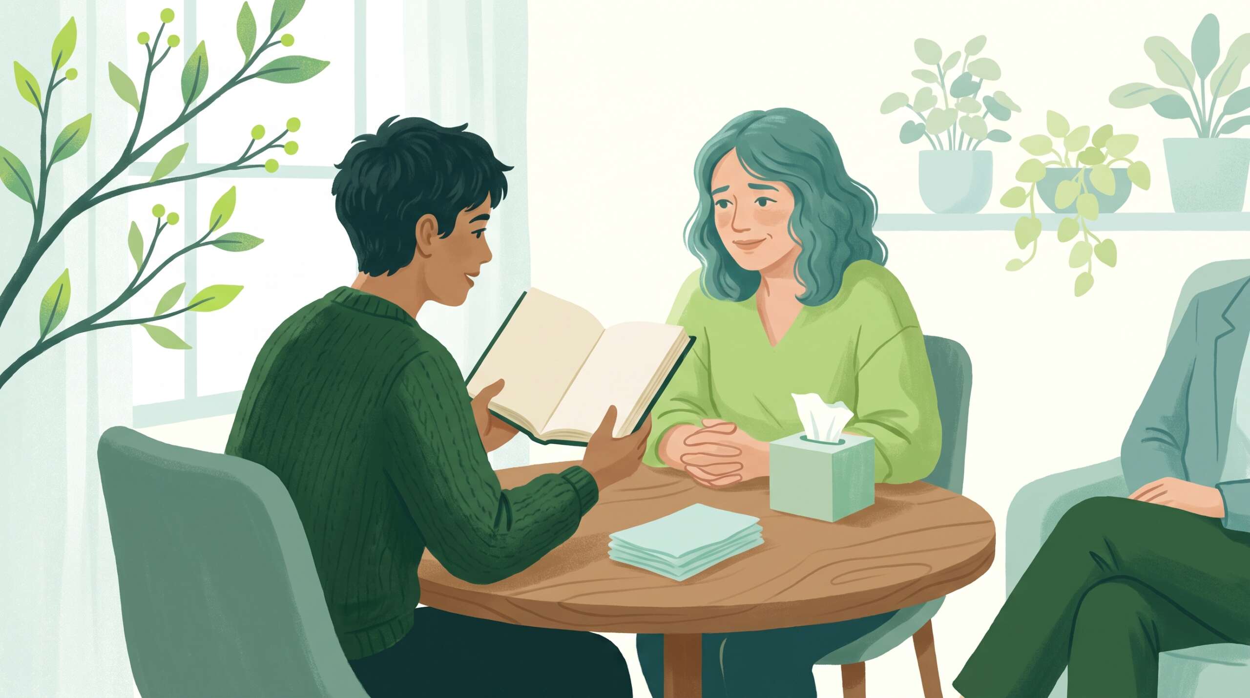 One person reading aloud while another listens with compassion