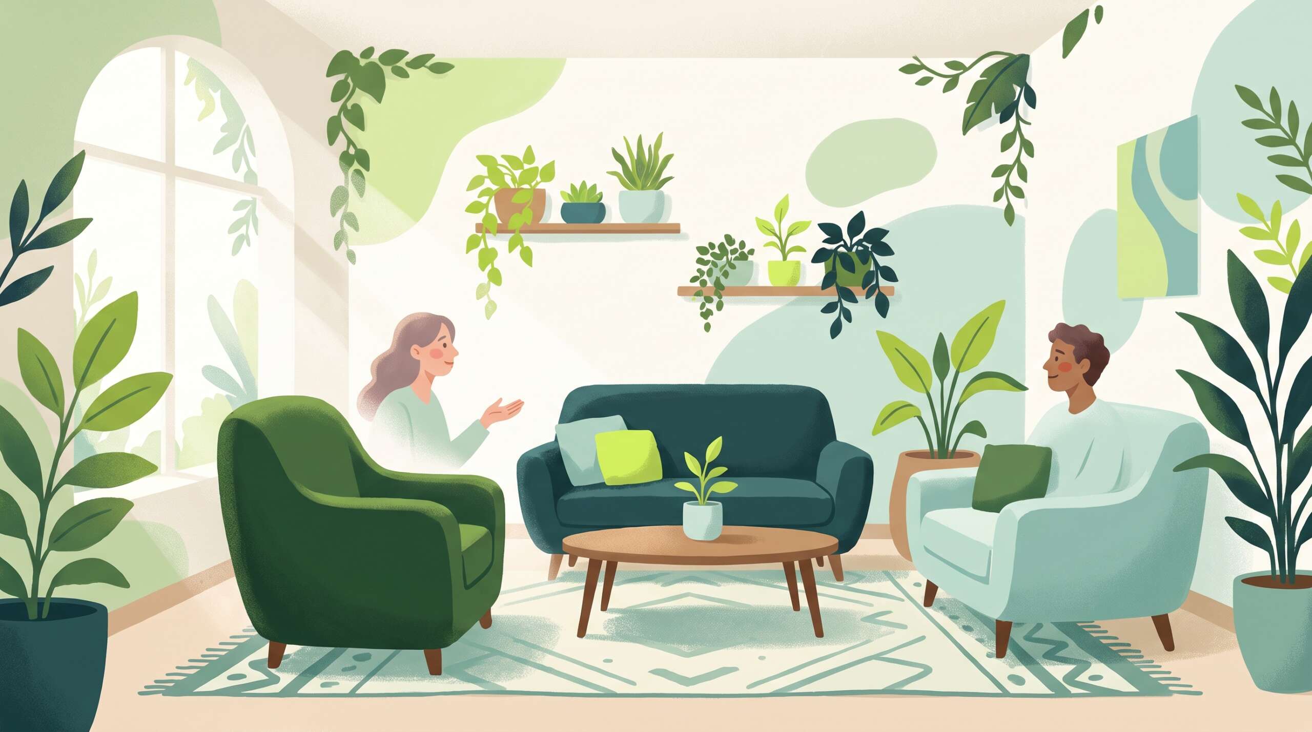 A welcoming counseling space with warm light and plants