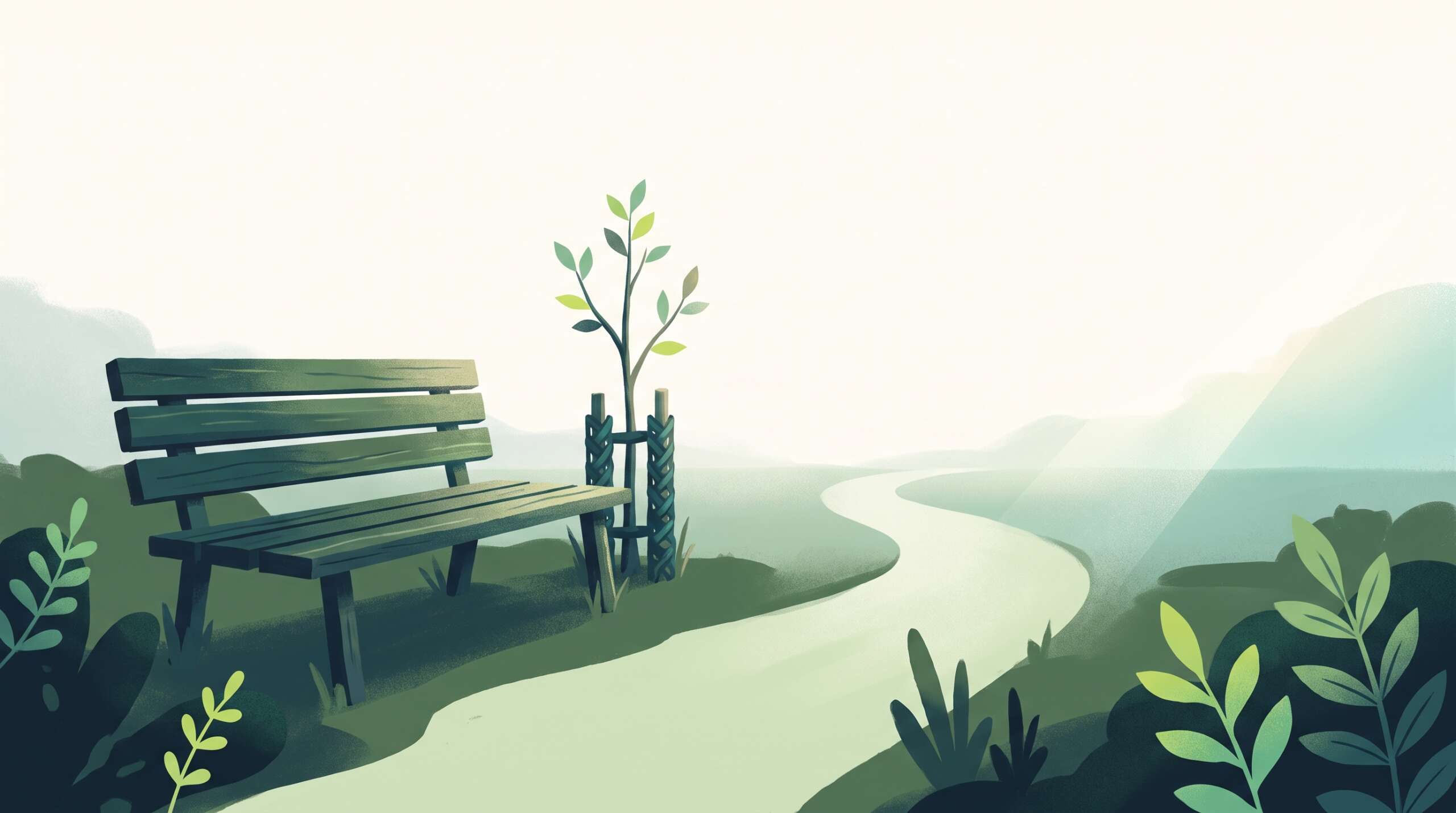 A quiet bench beside a garden path, a season of waiting