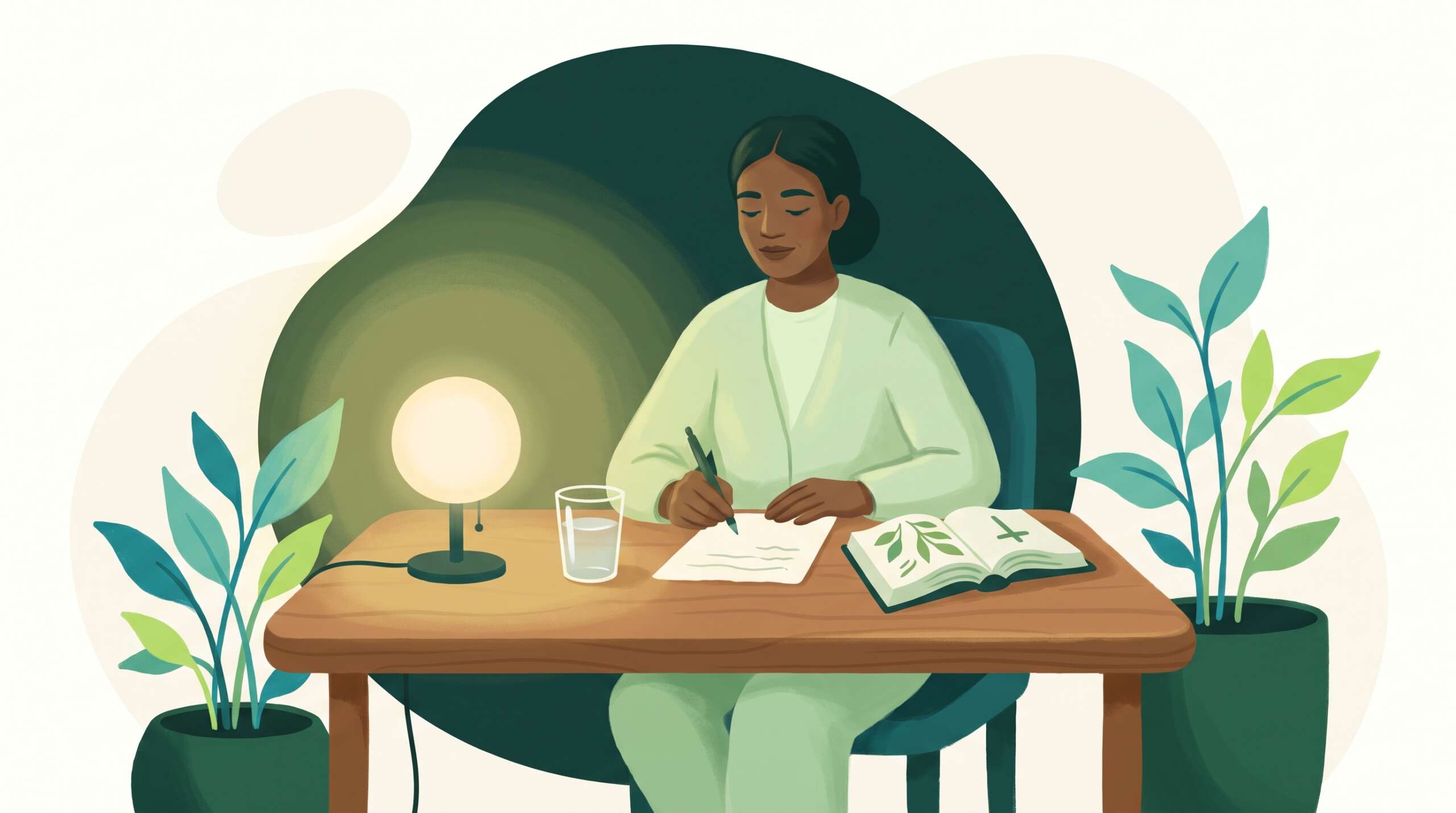A person writing a letter by lamplight with resolve