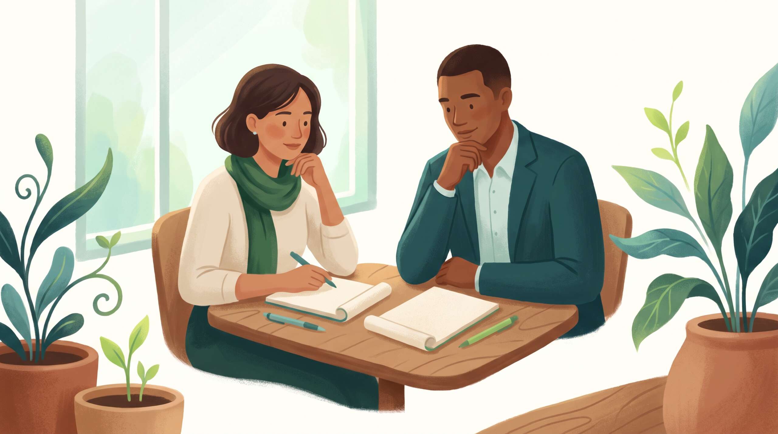 Two people in respectful dialogue across a table — engaging the critics honestly
