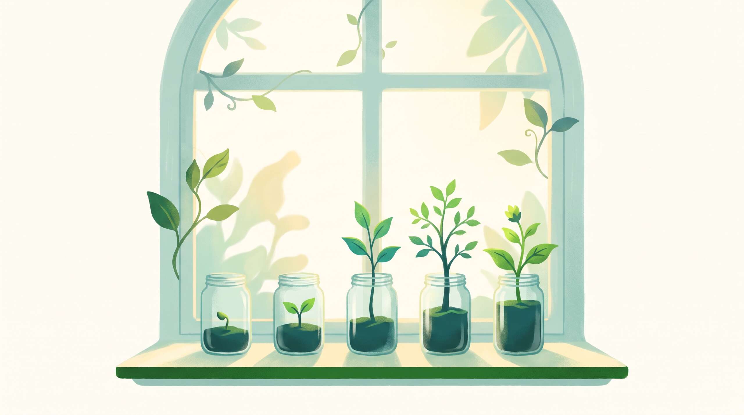 A row of glass jars each holding a different seedling stage — a spectrum of labels, one growing reality