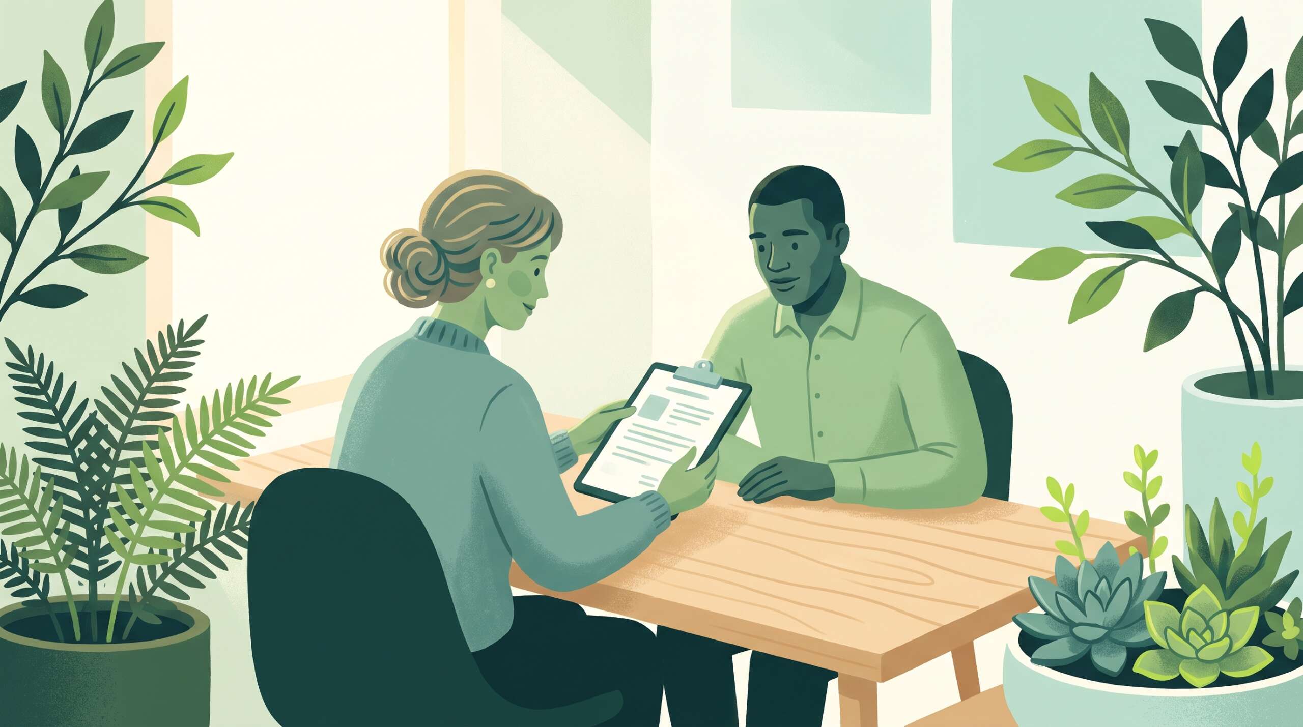 A counselor and client reviewing an assessment together in a warm office — the actual diagnostic process
