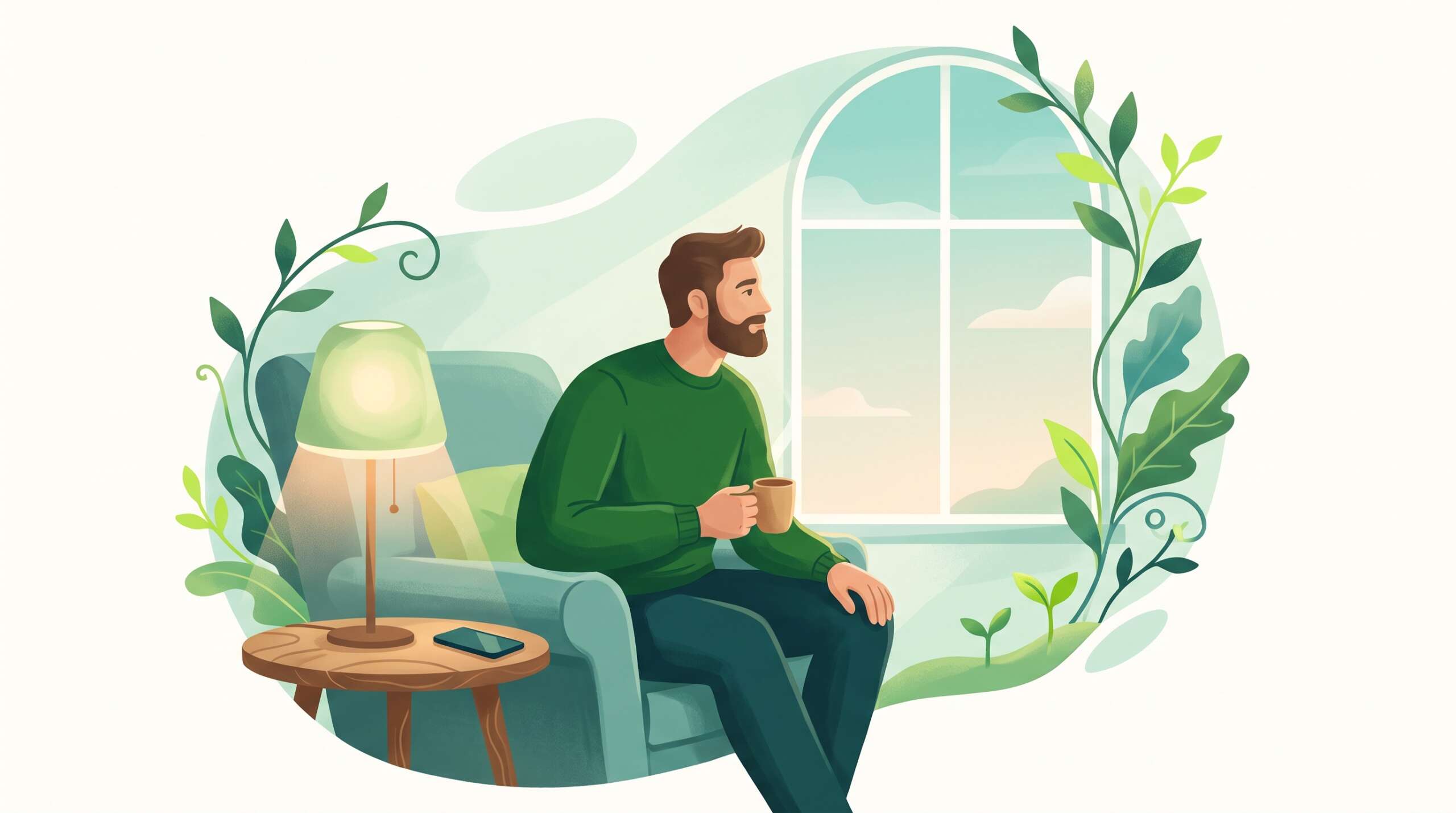 A man pausing thoughtfully with his phone face-down at dusk — recognizing the symptoms honestly