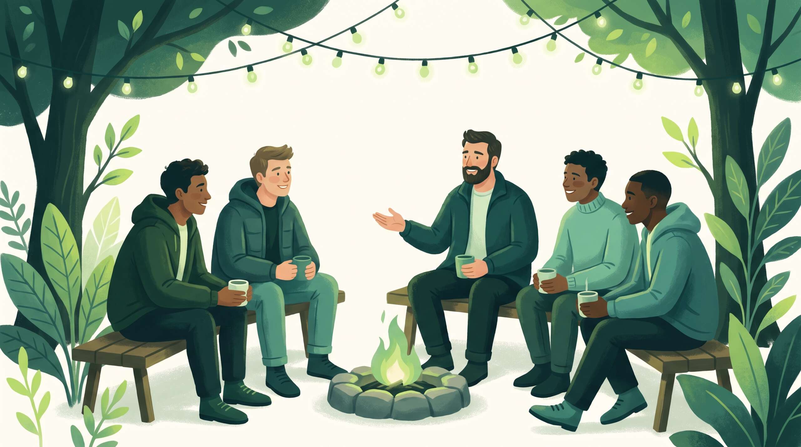 Men around a fire pit in honest conversation at dusk — the ecology of healing community