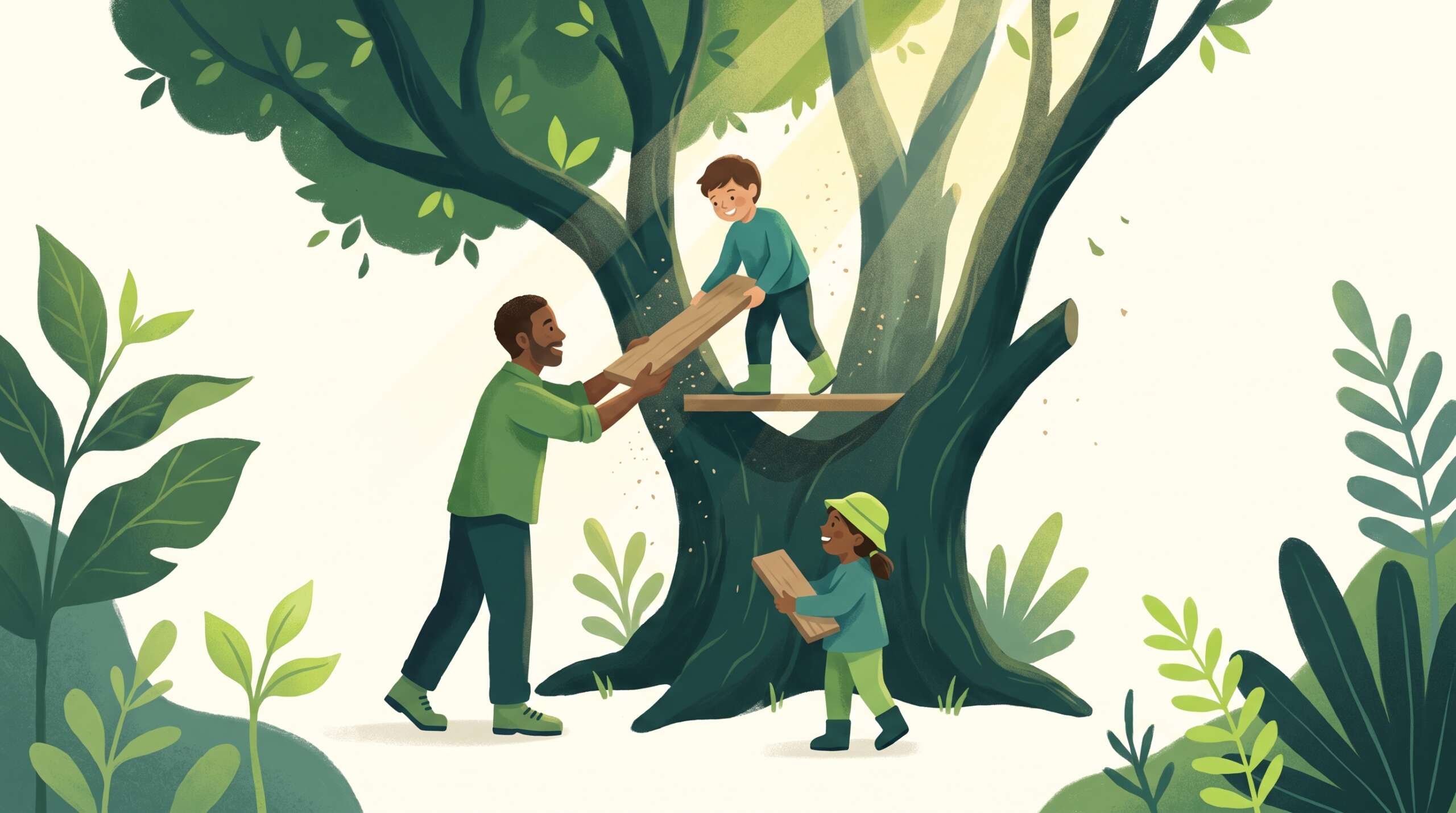 A father framing a treehouse with his children — generational building beyond the lifeboat